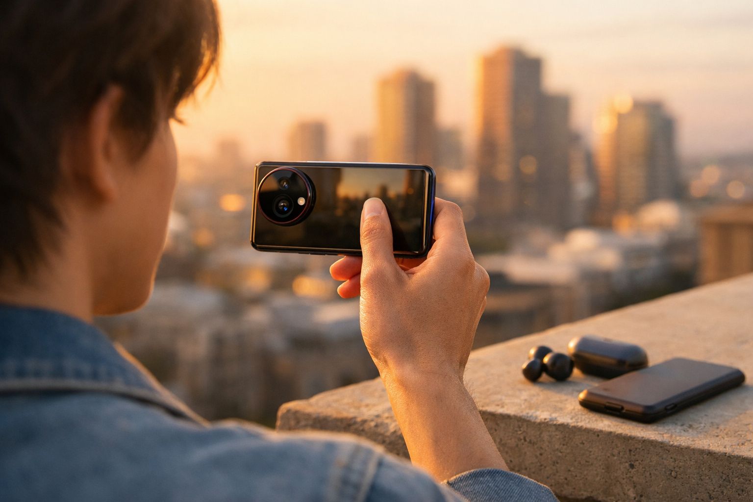 Pessoa a tirar foto urbana com smartphone ao pôr do sol, com auscultadores e telemóvel numa parede.