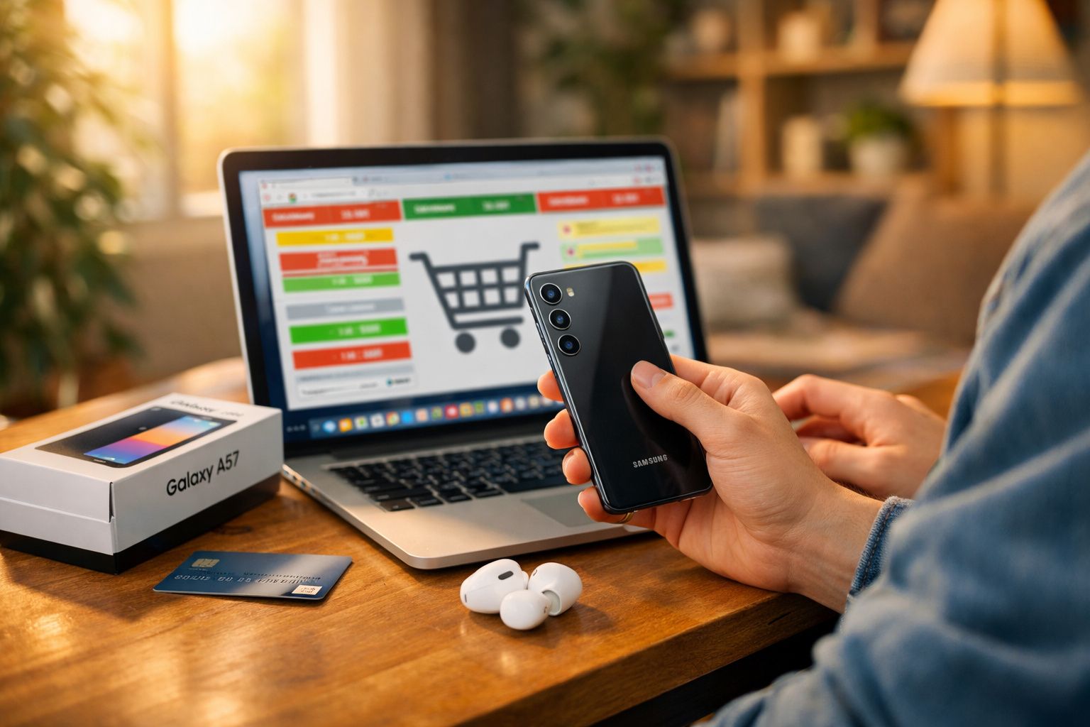 Pessoa a segurar um telemóvel Samsung Galaxy perto de um portátil com site de compras online aberto.