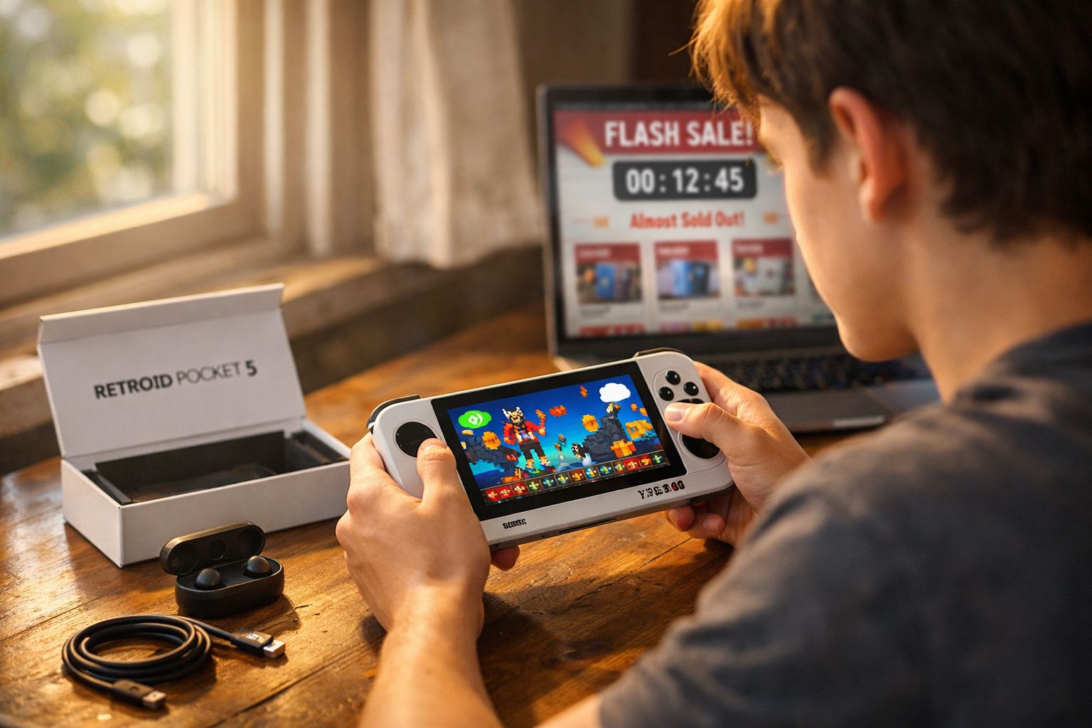 Pessoa a jogar num Retroid Pocket 5 numa mesa de madeira com portátil e auscultadores sem fios.