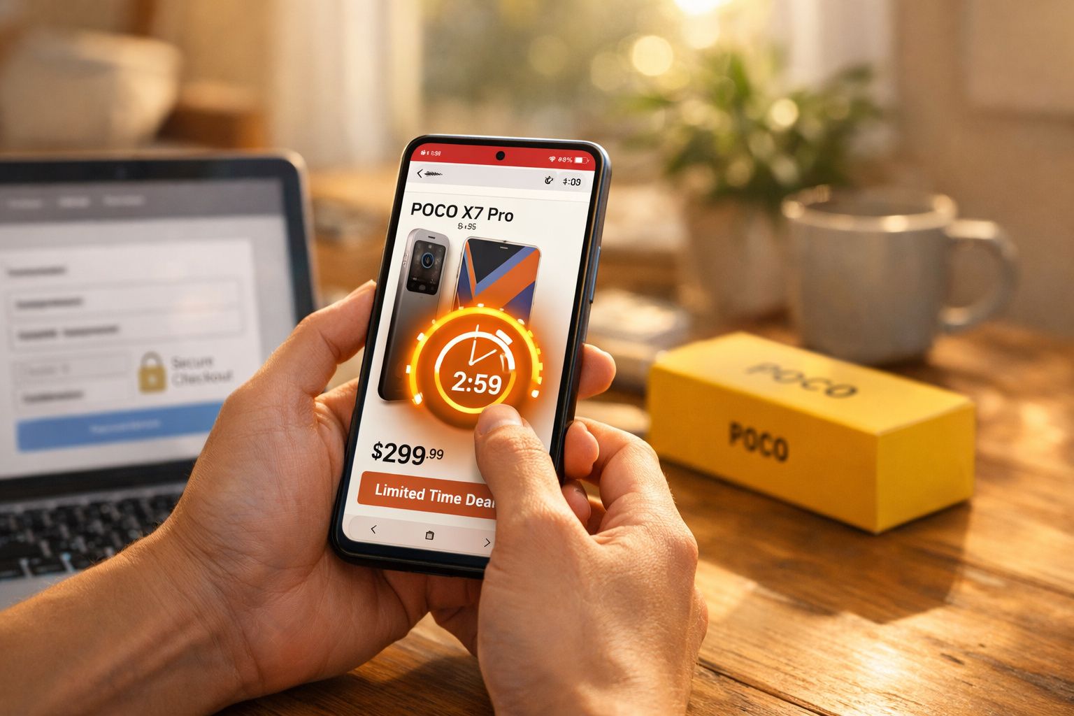 Pessoa a comprar smartphone POCO X7 Pro com desconto de tempo limitado no telemóvel.