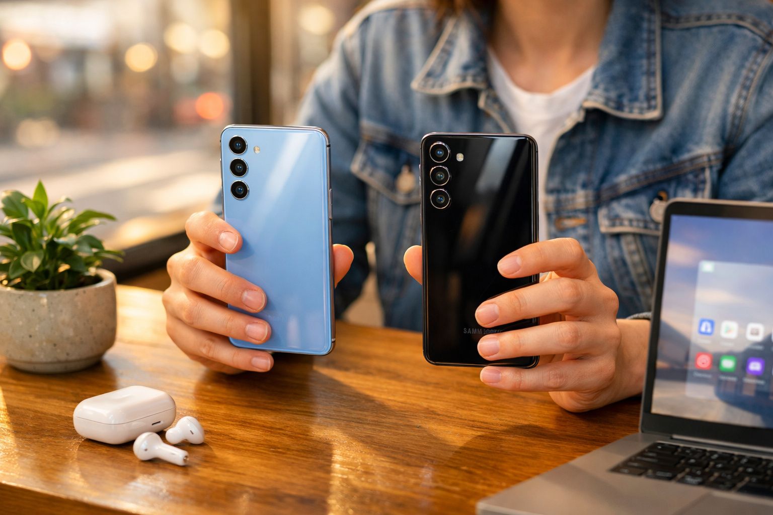 Pessoa numa mesa a segurar dois telemóveis Samsung, com earphones e portátil em cima da mesa.