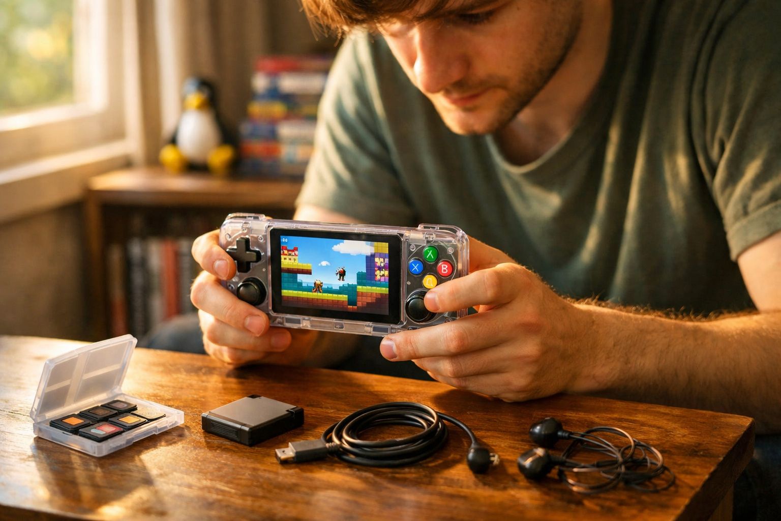 Homem a jogar videojogo retro numa consola portátil transparente numa mesa de madeira com acessórios.