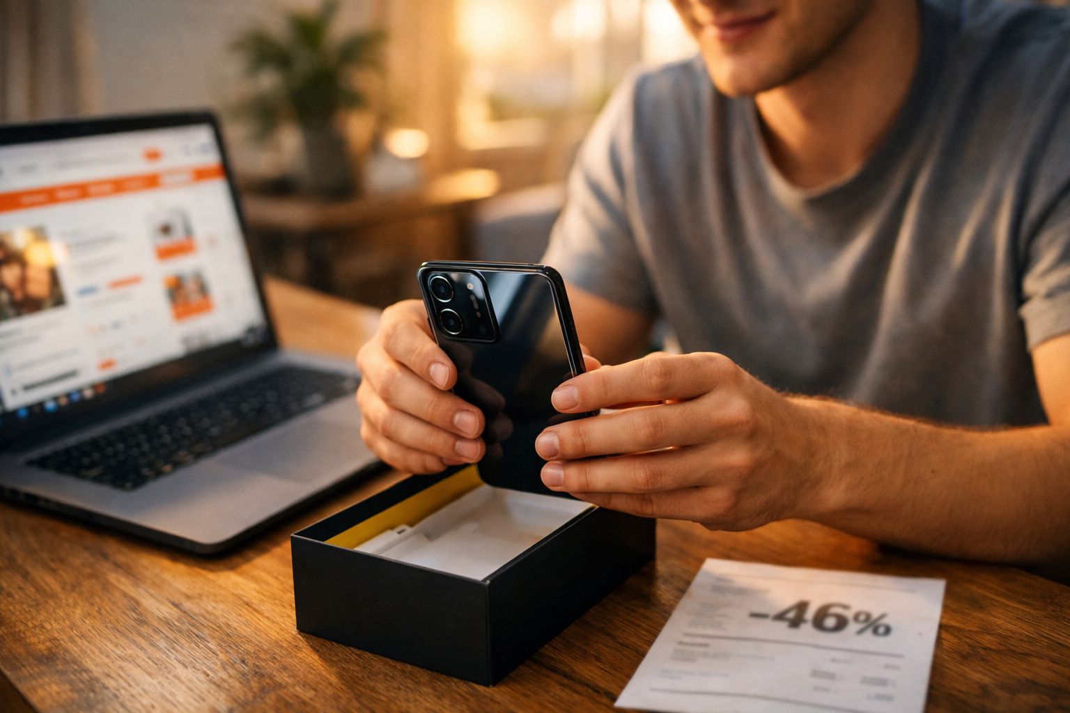 Pessoa a segurar um telemóvel preto recém-removido da caixa, com um computador portátil aberto numa mesa.