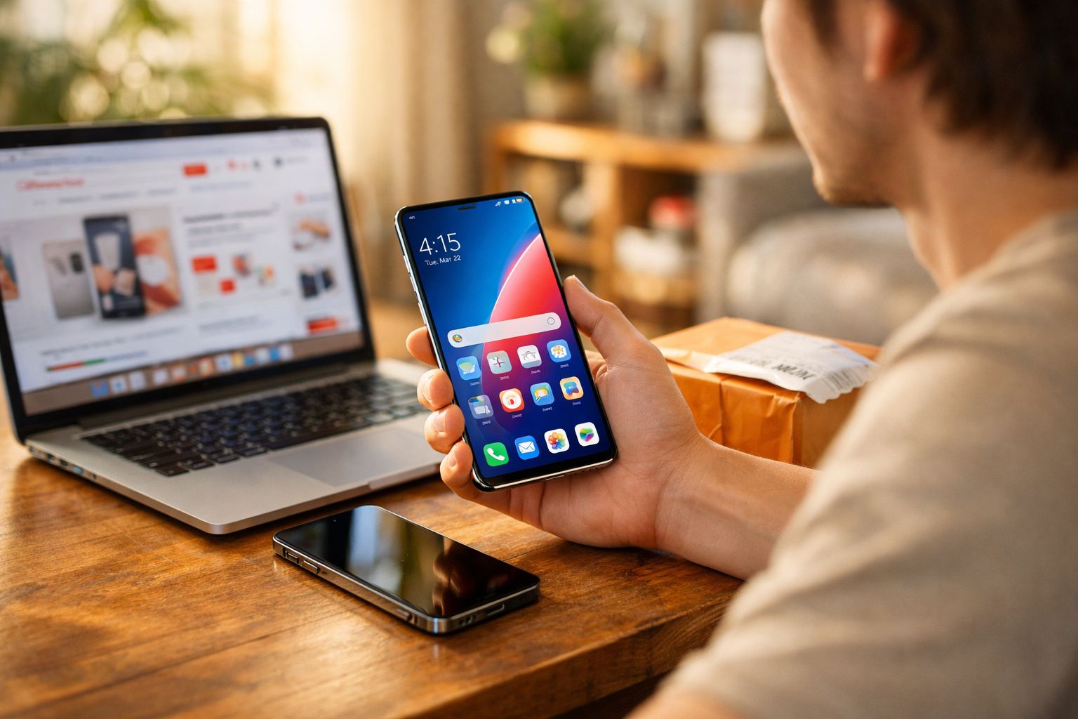 Pessoa a segurar um smartphone com a tela ligada, com outro telefone e um laptop numa mesa de madeira.