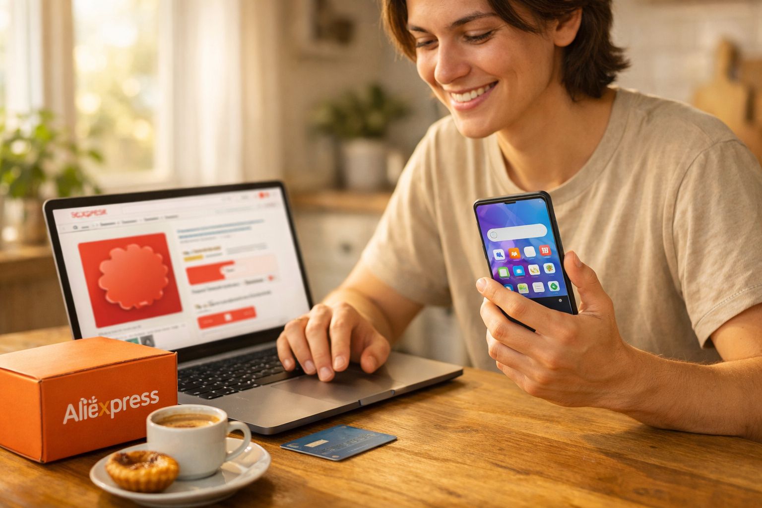 Pessoa sorridente a fazer compras online no computador, segurando um telemóvel com apps visíveis.