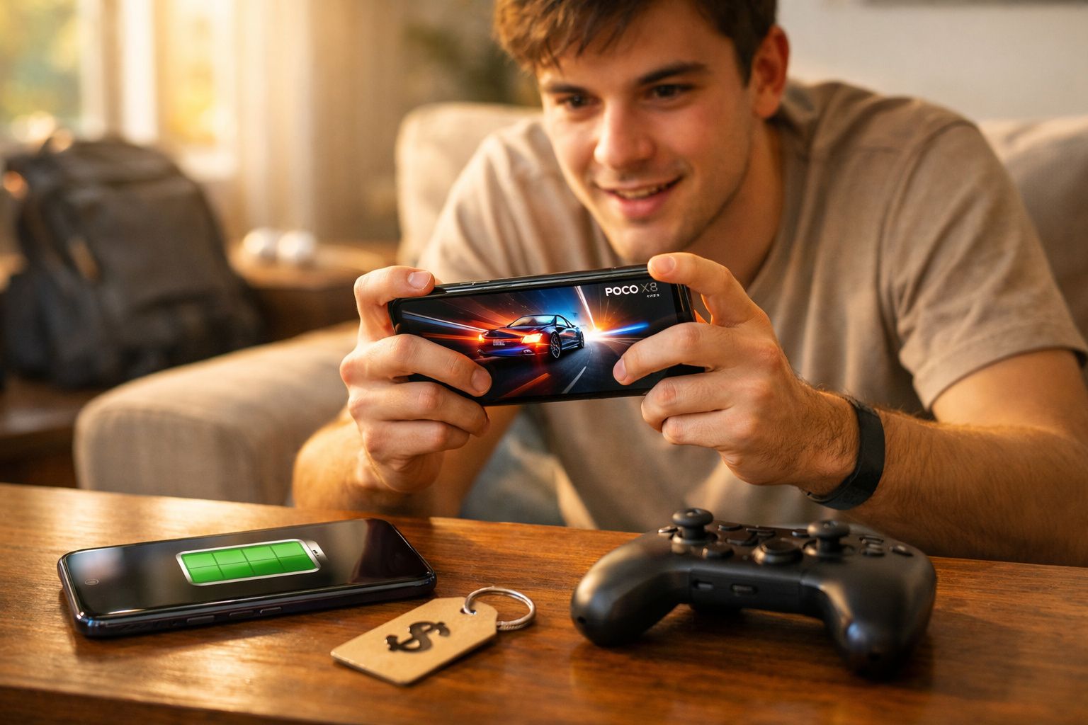 Homem a jogar num smartphone POCO X5 Pro, com comando de videojogo e telemóvel a carregar numa mesa.