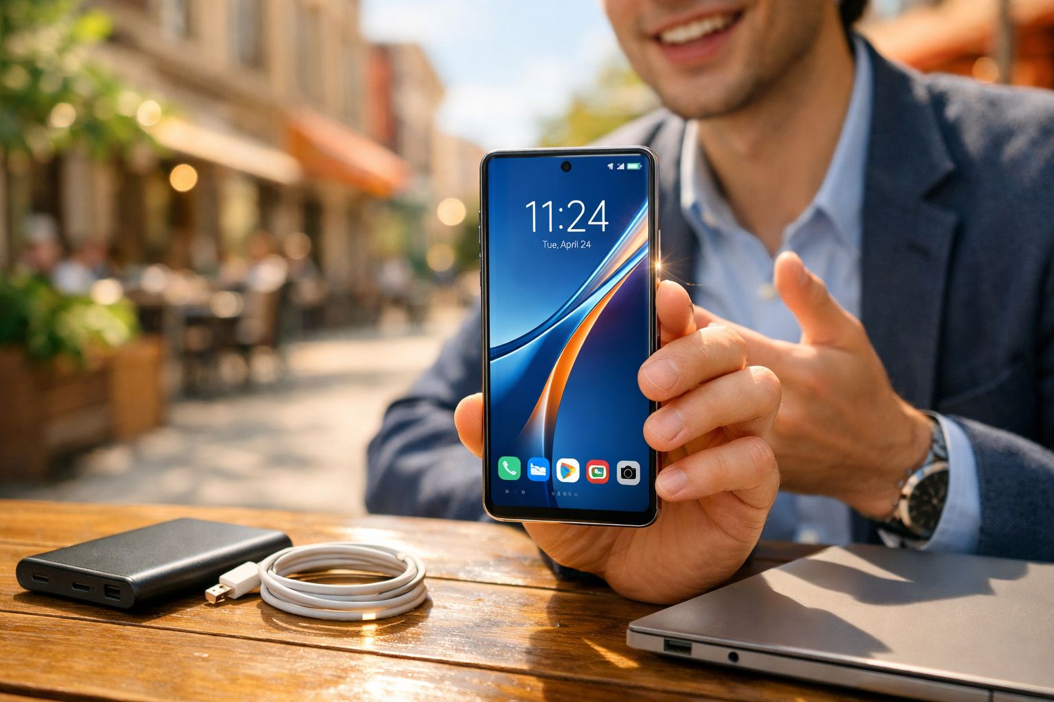 Homem a mostrar telemóvel moderno com ecrã ligado numa mesa de madeira ao ar livre.