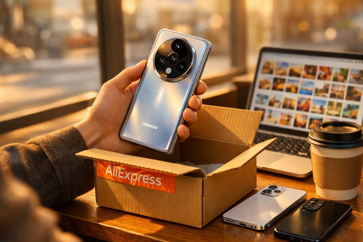 Pessoa a segurar telemóvel Honor prateado acabado de sair de uma caixa AliExpress numa mesa com portátil e café.