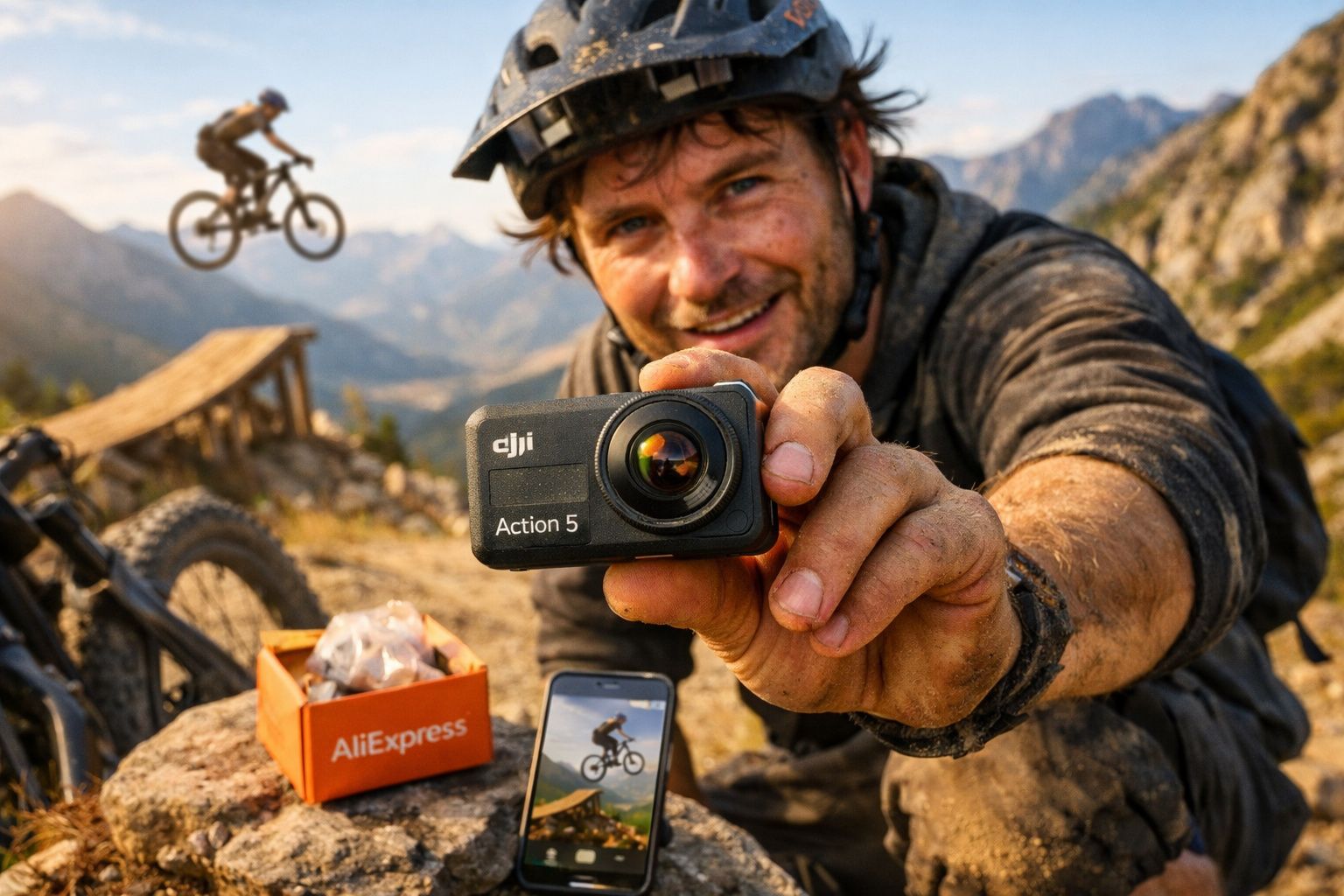 Homem sorridente de capacete segura câmara DJI Action 5 em trilho de bicicleta de montanha com paisagem montanhosa.