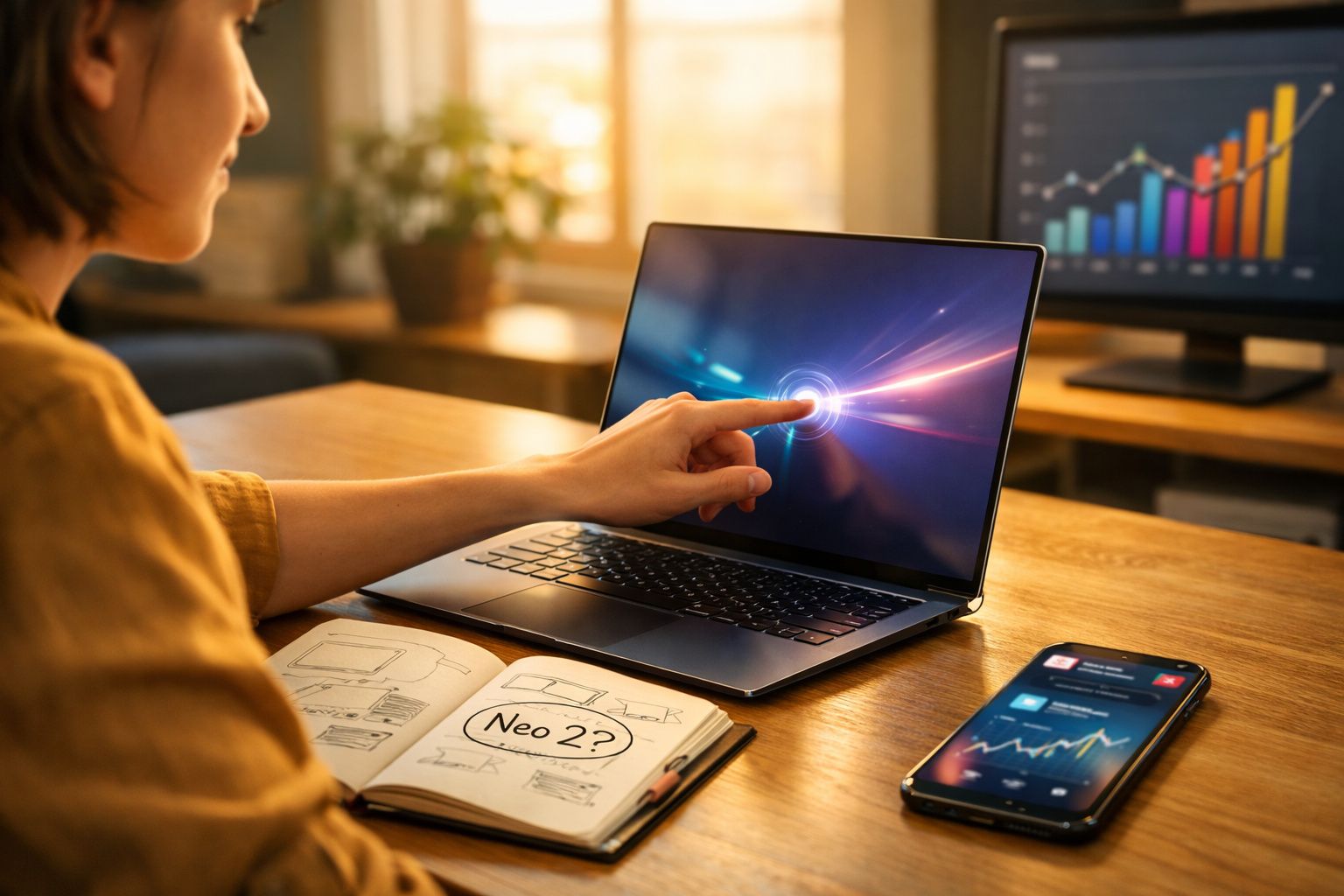 Pessoa toca no ecrã de portátil com gráfico digital, mesa com caderno aberto e smartphone ao lado.