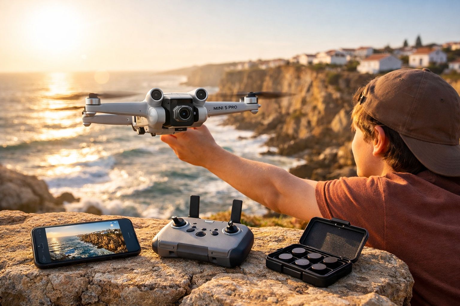 Jovem segura drone DJI Mini 5 Pro junto à costa rochosa ao pôr do sol, com comando e smartphone à frente.