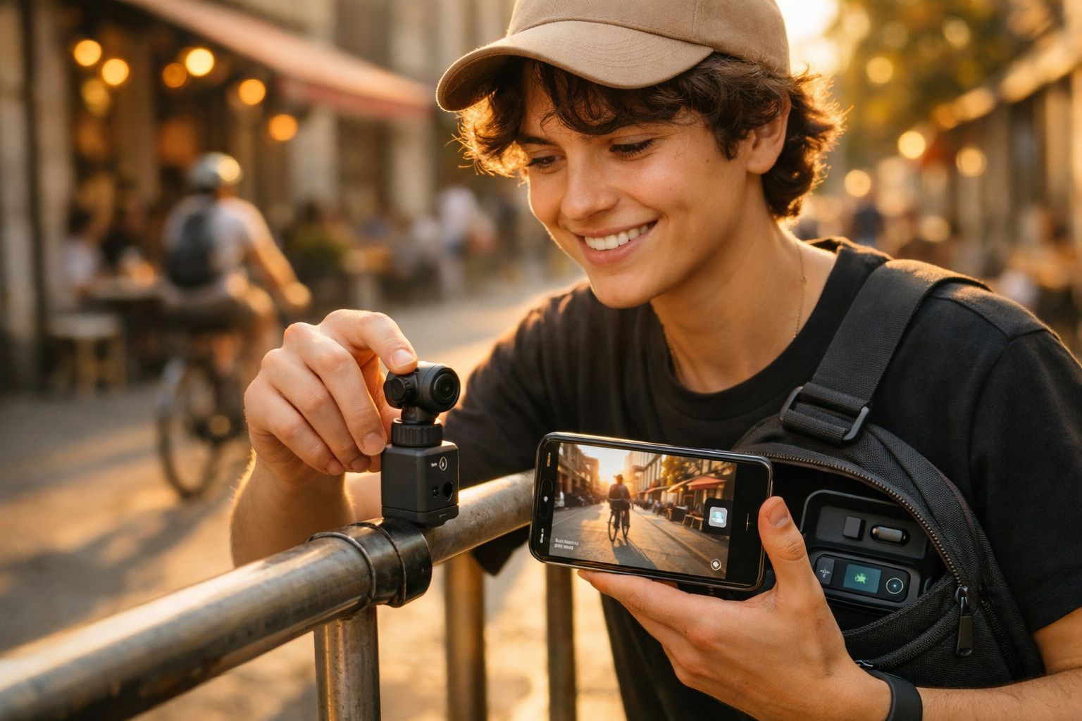 Jovem com boné ajusta pequena câmara de ação numa barra metálica enquanto segura telemóvel a filmar ciclista ao pôr do sol.