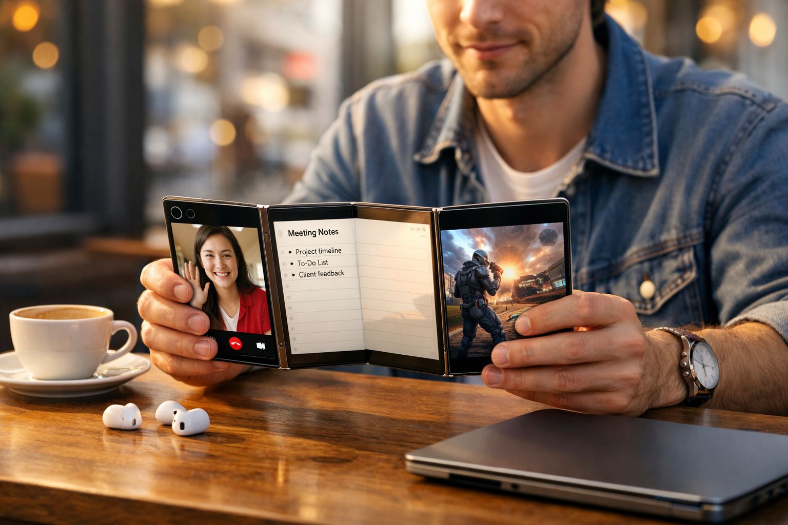 Homem segurando smartphone dobrável aberto com videochamada, notas de reunião e jogo audiovisual.