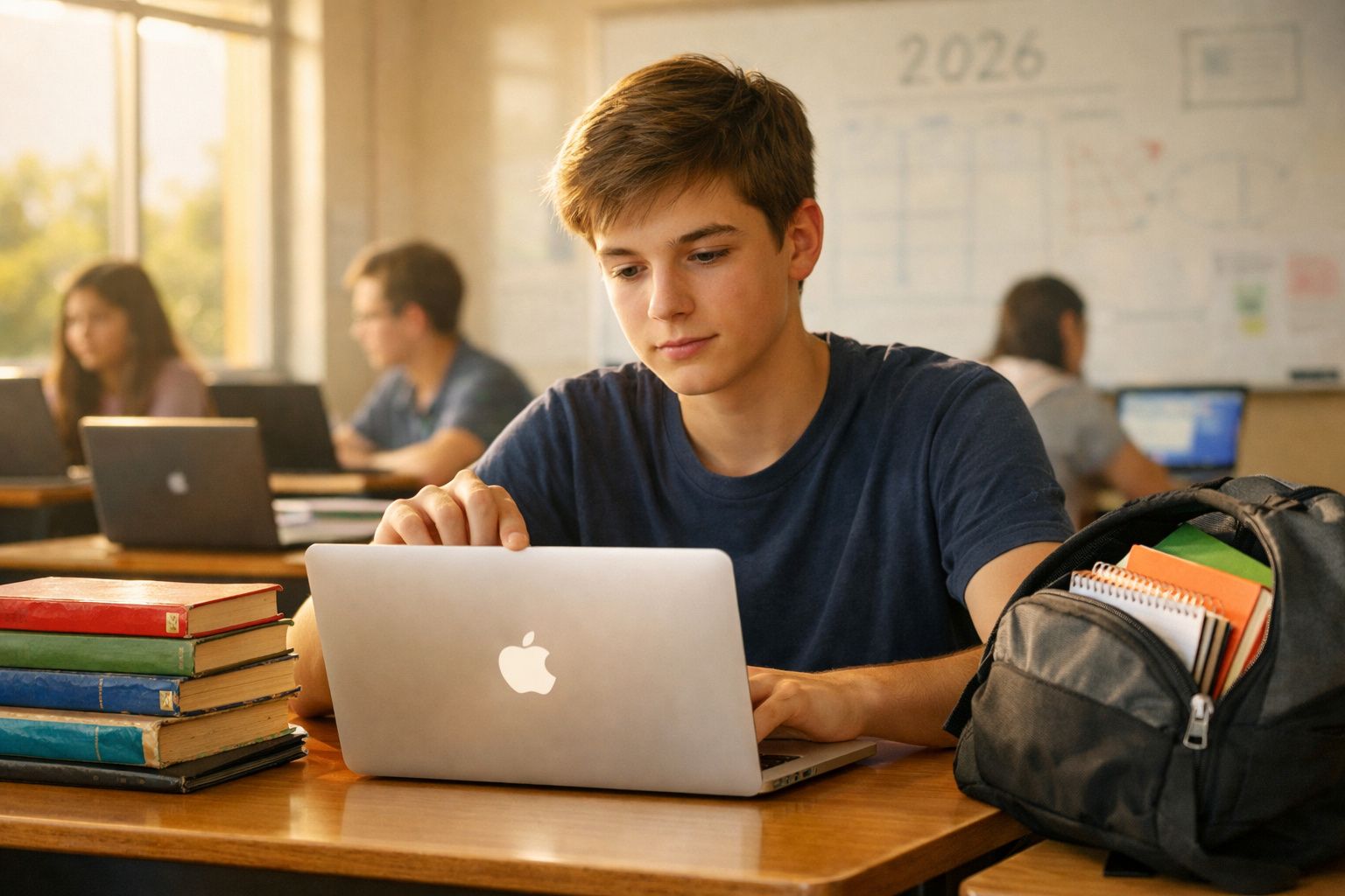 Jovem estudante numa sala de aula a usar computador portátil rodeado de livros e mochila.