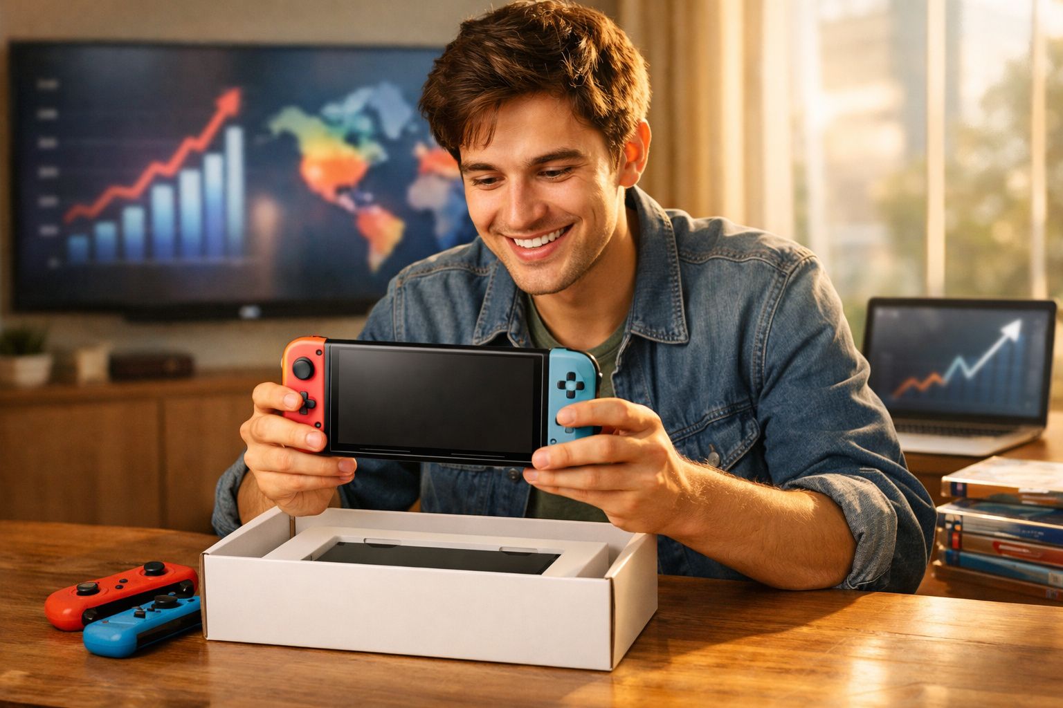 Jovem sorridente desembrulha consola de jogos portátil azul e vermelha em ambiente com gráficos no fundo.