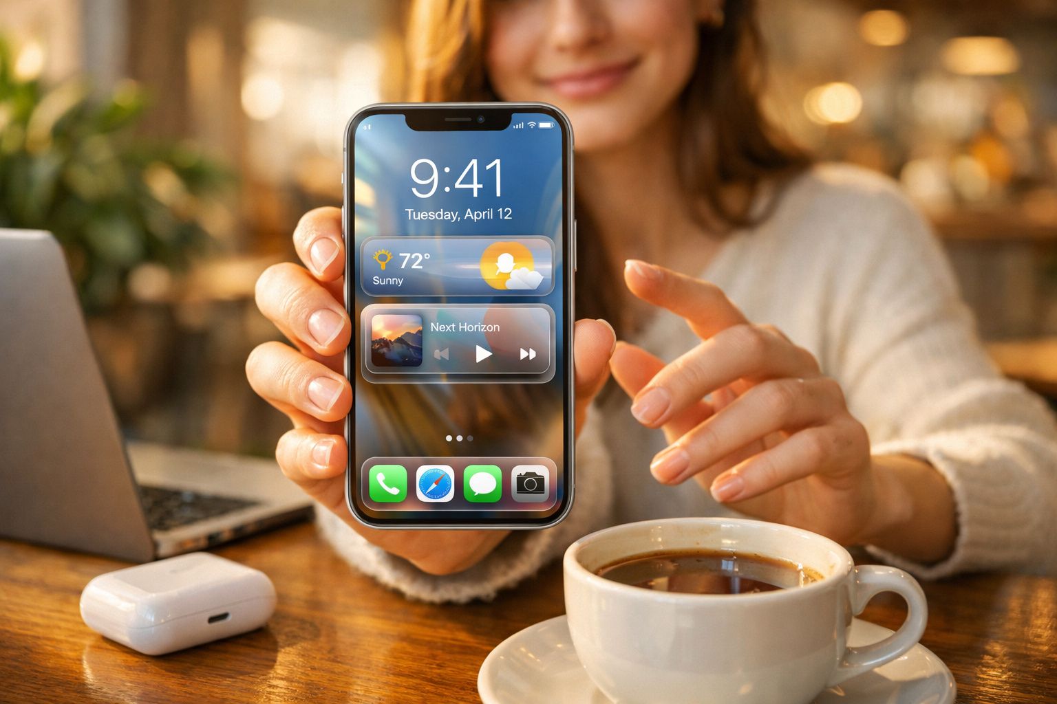 Pessoa a mostrar um smartphone com previsão do tempo e música enquanto bebe café numa mesa.