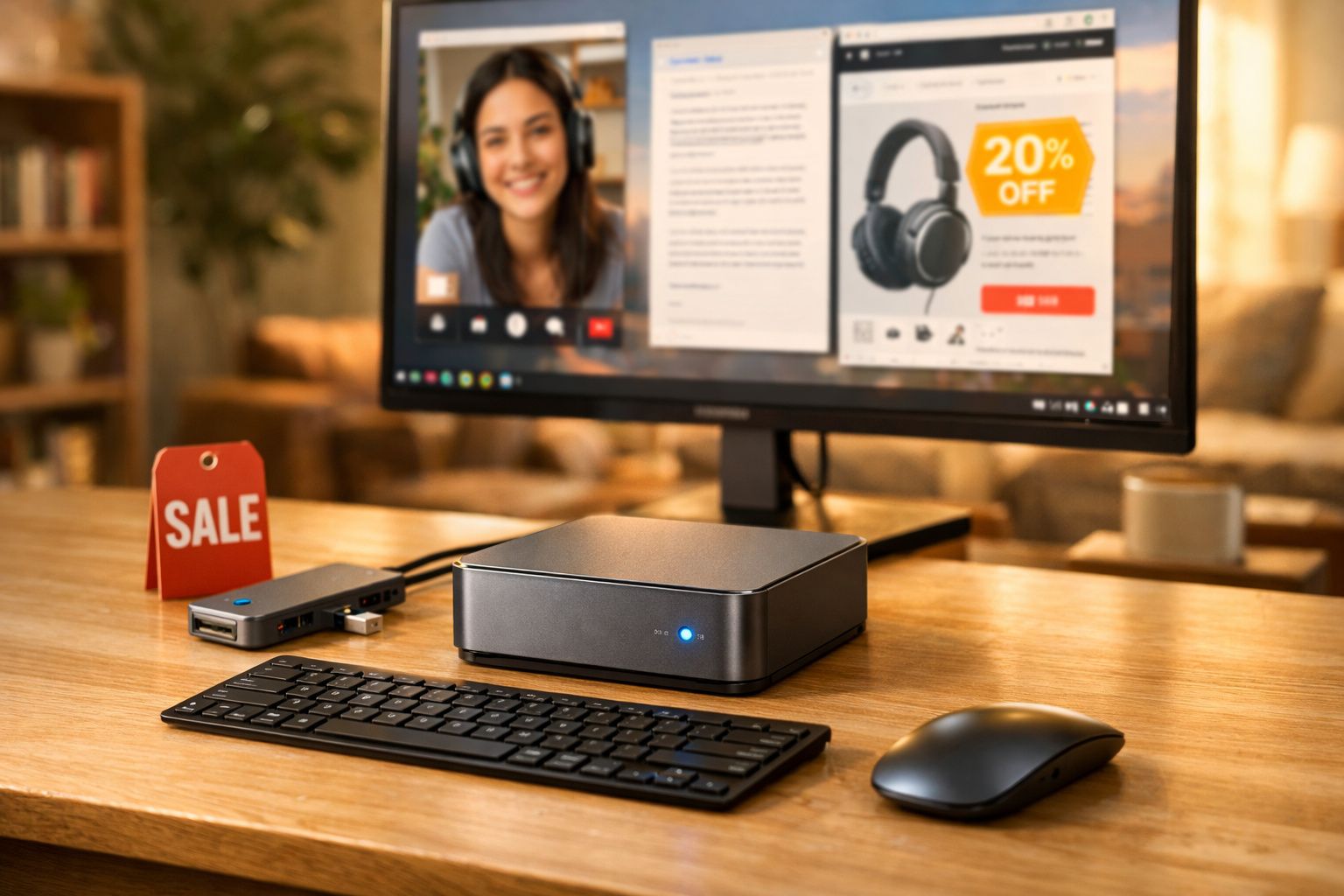 Computador compacto com teclado e rato numa secretária, e ecrã com videoconferência e promoção de auscultadores.