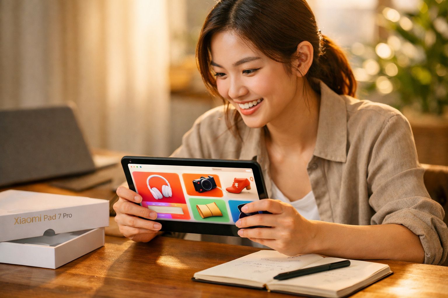 Mulher sorridente a usar um tablet Xiaomi Pad 7 Pro com caixa do produto sobre a mesa.