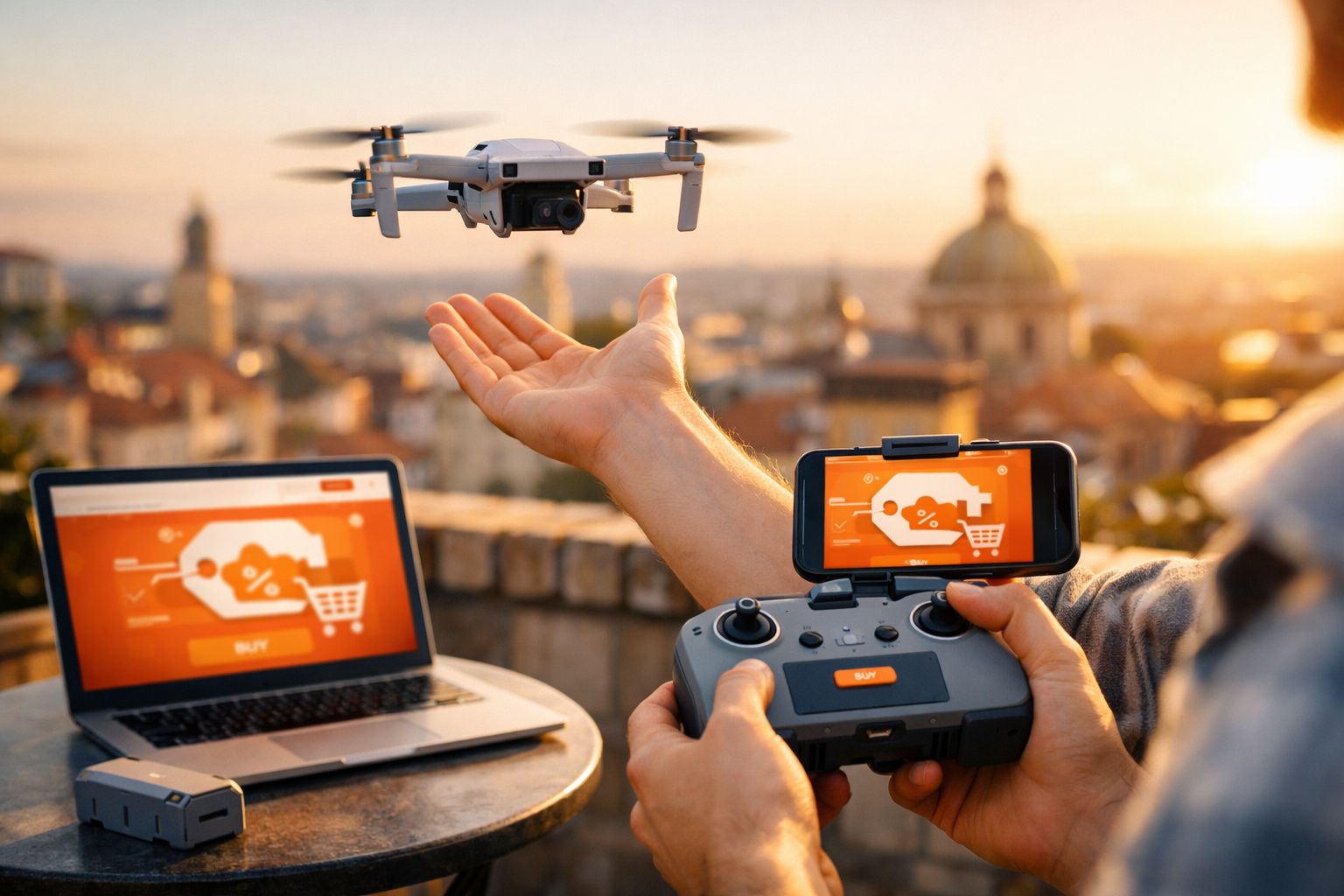 Pessoa controla drone com comando remoto e smartphone, com computador portátil ao fundo numa varanda ao pôr do sol.