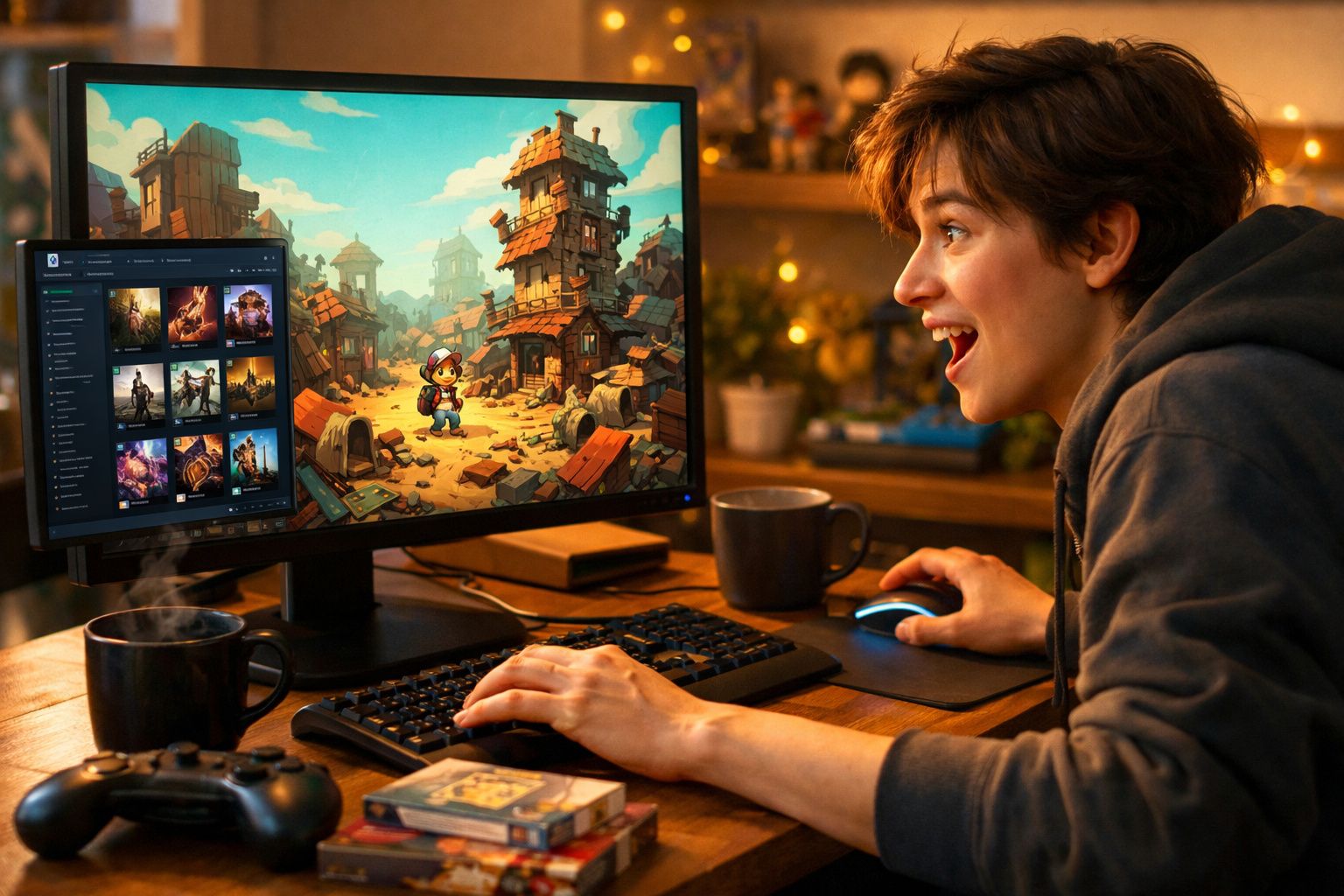 Jovem entusiasmado a jogar videojogos num computador com videojogo colorido e chá quente na mesa.