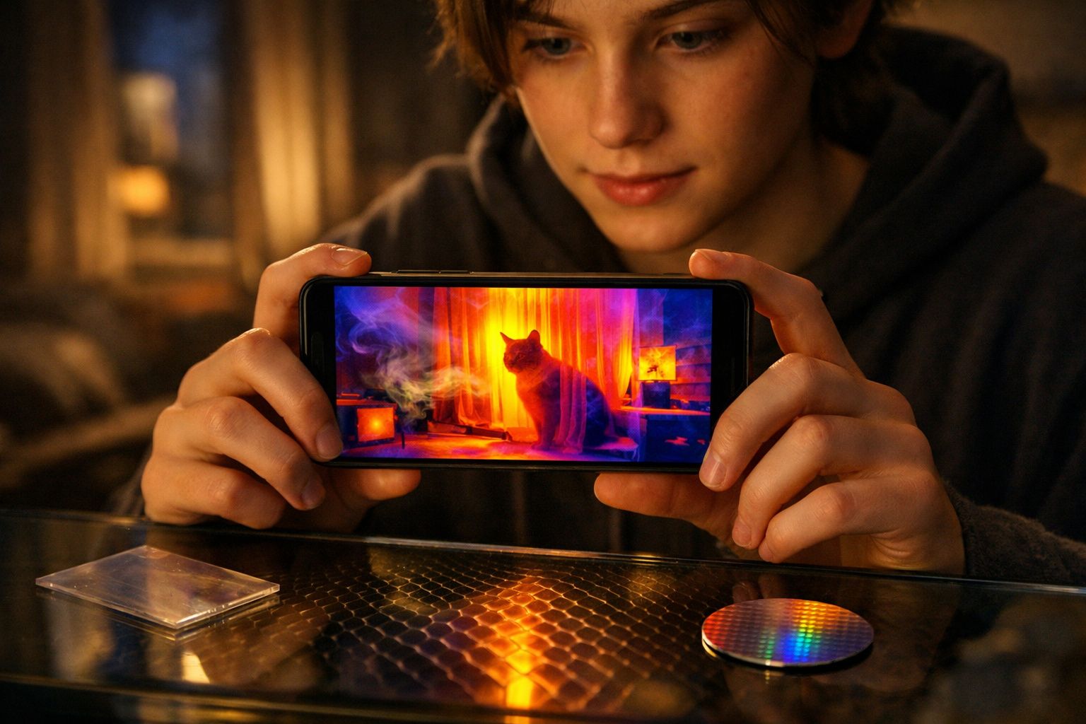 Pessoa a segurar telemóvel com imagem colorida de um gato num ambiente iluminado a laranja.
