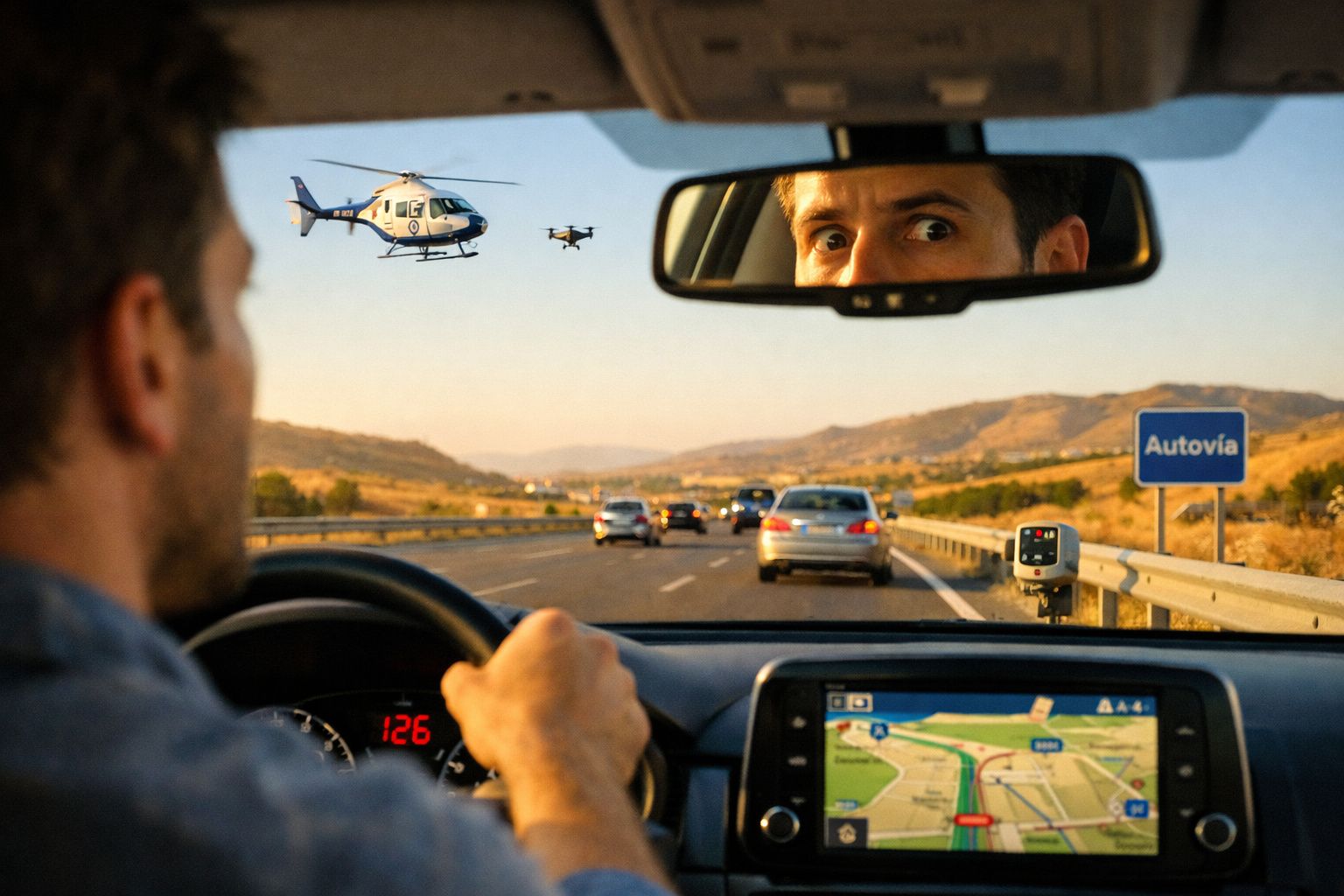 Condutor a 126 km/h numa autoestrada com helicóptero e drone a monitorizar o trânsito à sua frente.