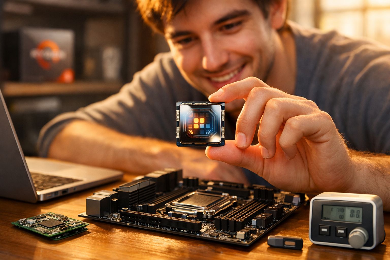 Homem a segurar componente eletrónico sobre motherboard aberta num ambiente de trabalho tecnológico.