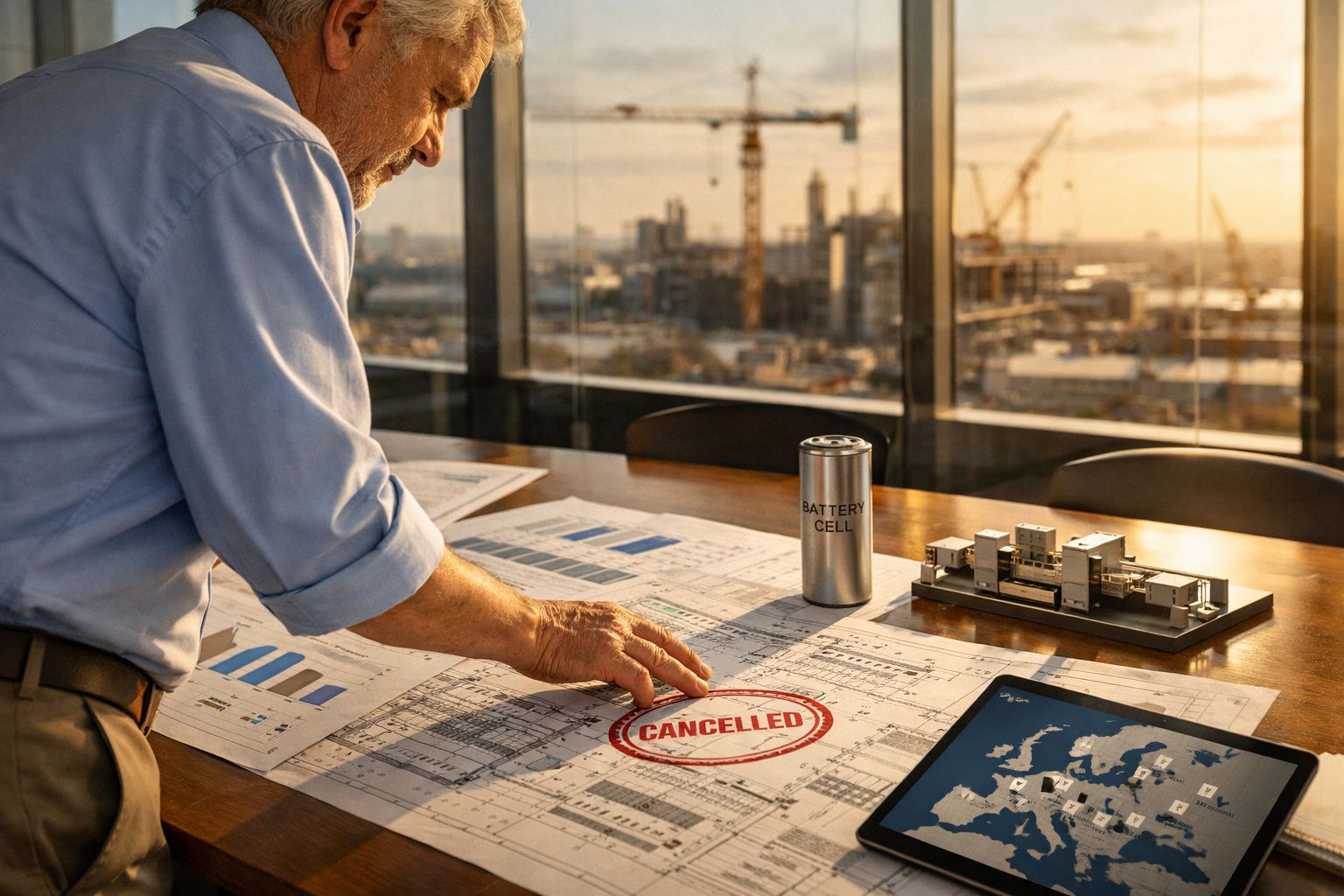 Homem idoso a analisar plantas num escritório com selo "CANCELLED" numa mesa de madeira.