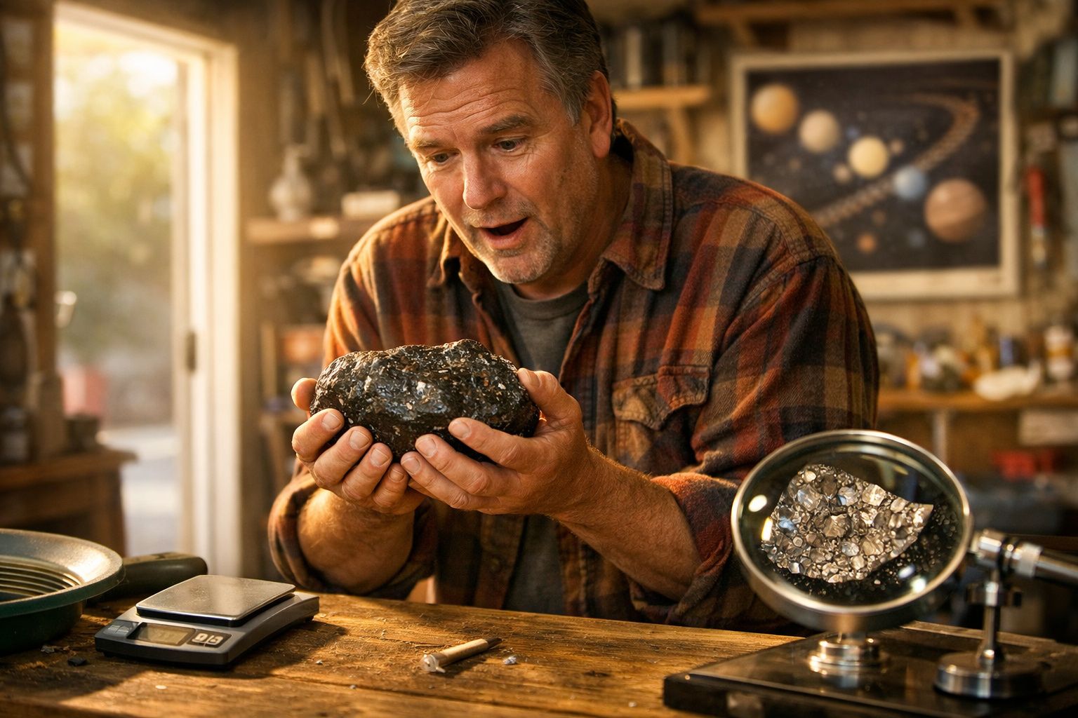 Homem fascinado segura grande pedra meteorito enquanto estuda-a numa mesa com lupa e balança digital.