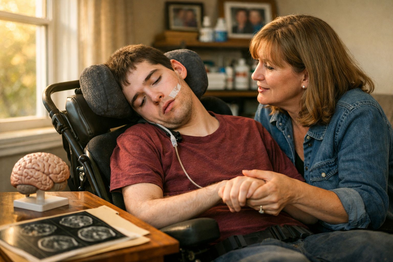 Jovem em cadeira de rodas com tubo de alimentação, acompanhado por mulher que lhe segura a mão com carinho.