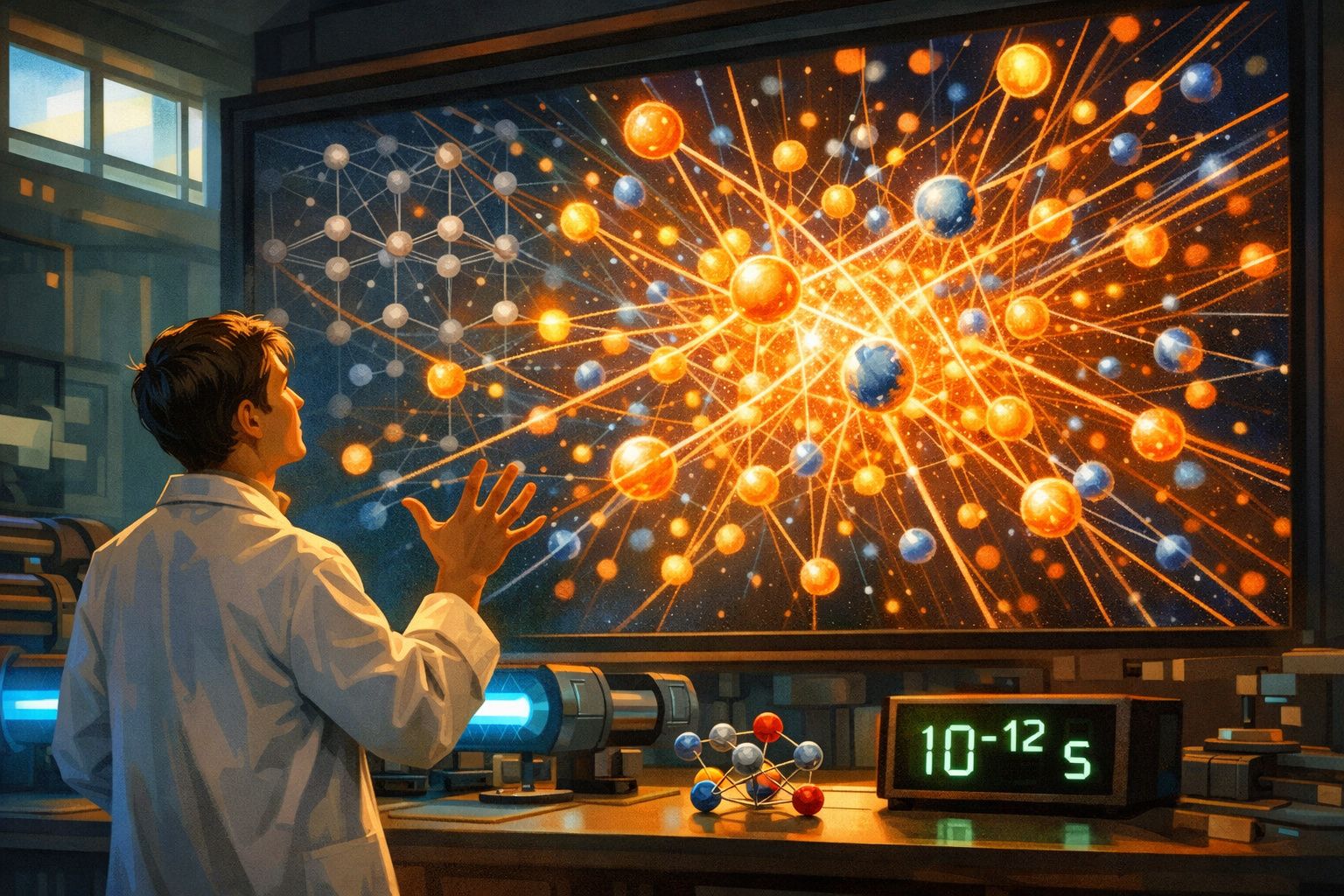 Cientista com bata branca observa esquema brilhante de átomos e ligações numa grande tela digital.