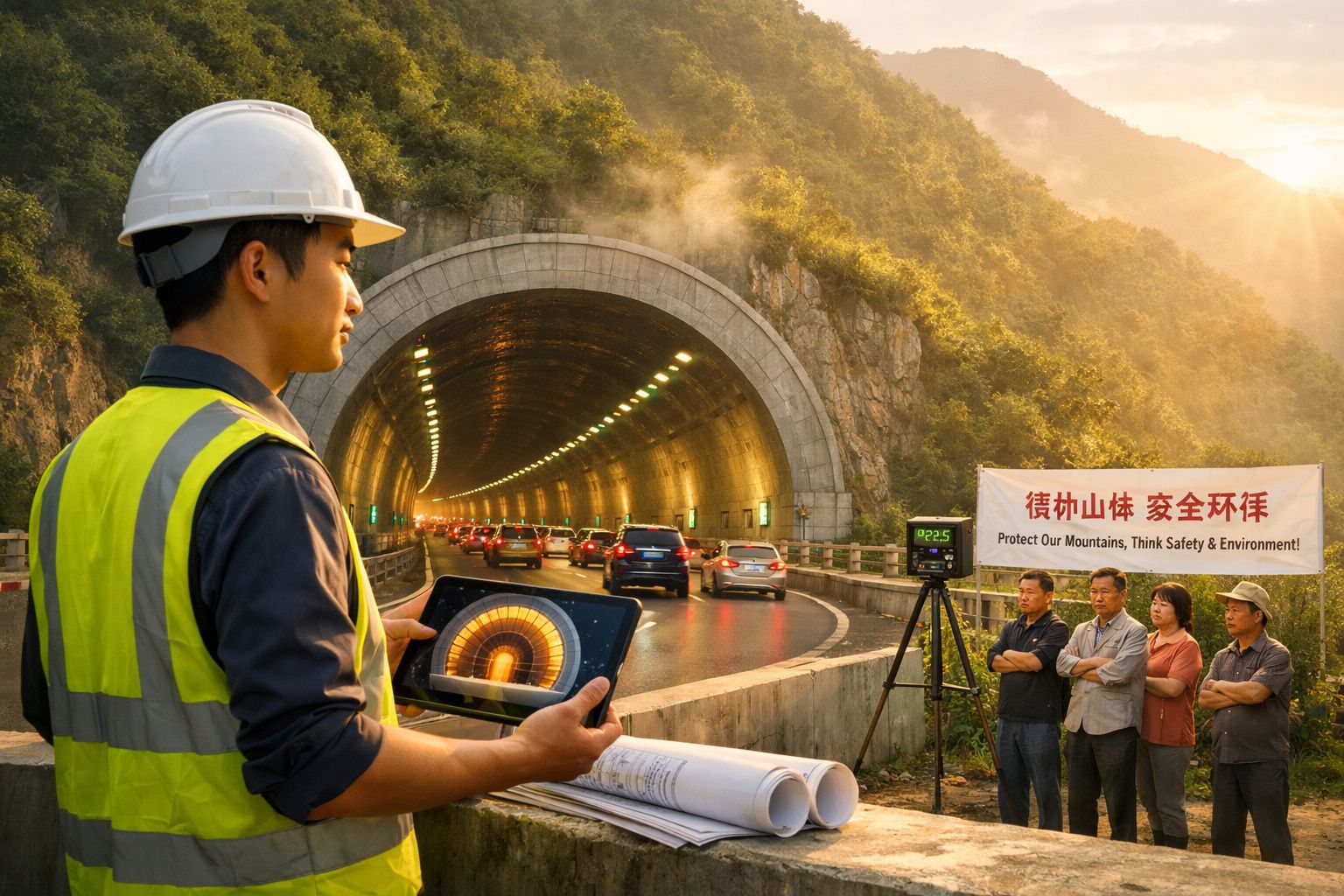 Engenheiro com capacete e colete reflete em ecrã digital junto a túnel rodoviário e grupo de pessoas com faixa de segurança a