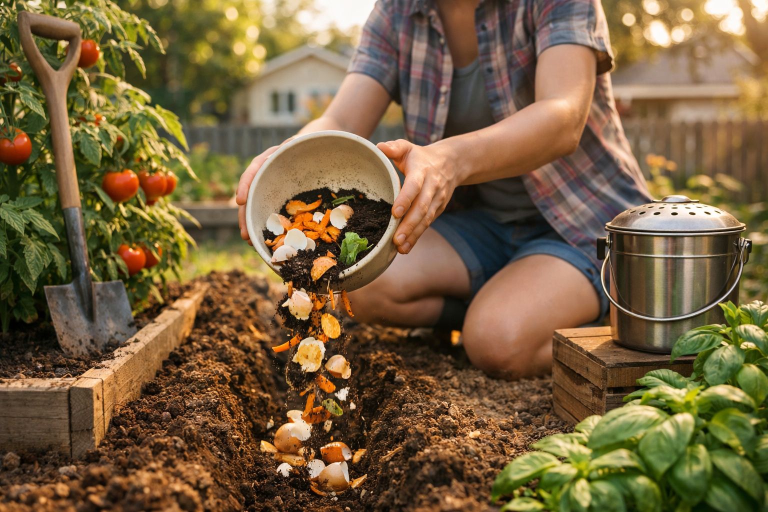 Pessoa a deitar resíduos orgânicos numa vala do jardim para compostagem caseira.