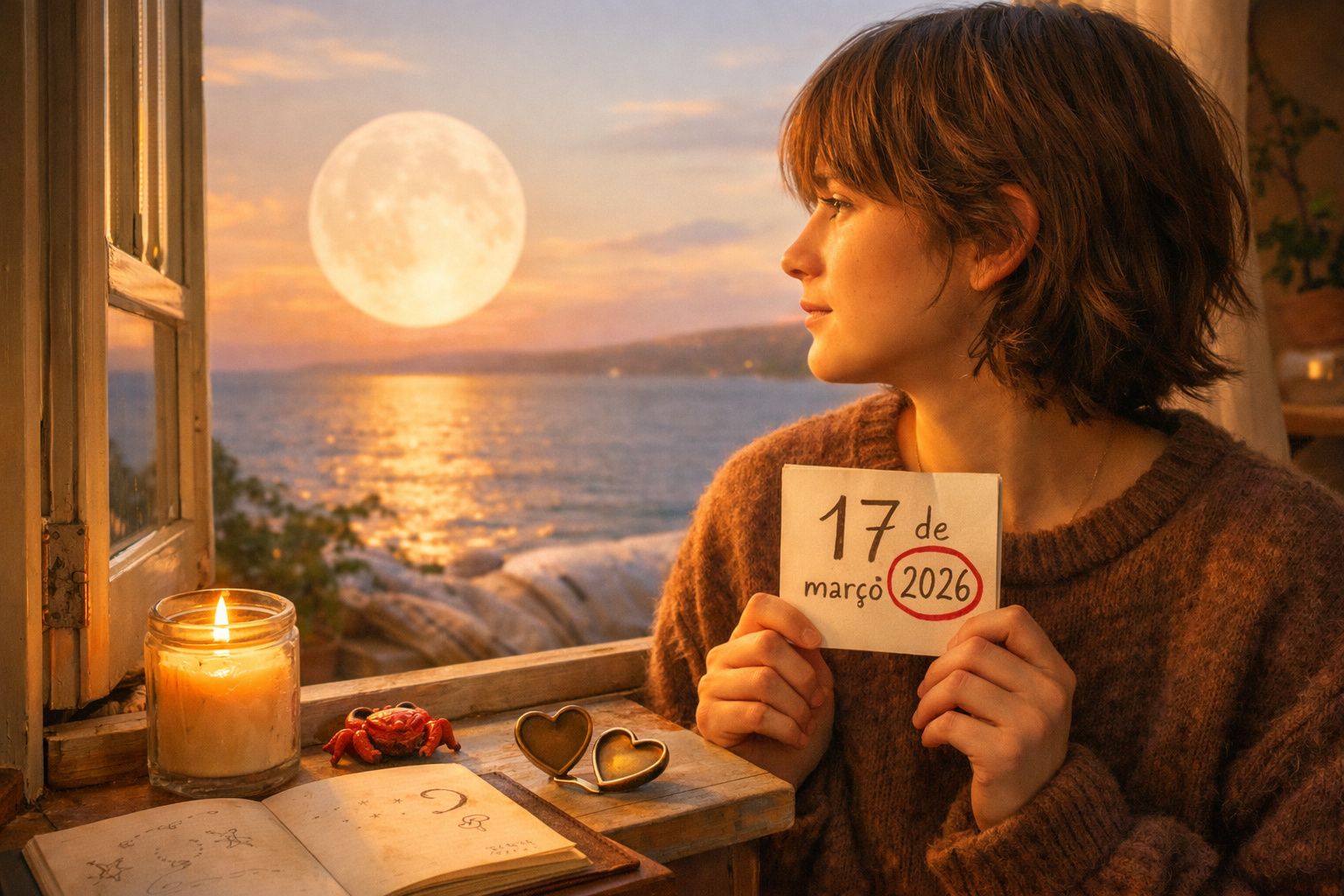 Mulher olhando pela janela para a lua cheia, segurando papel com data 17 de março de 2026 num ambiente acolhedor.