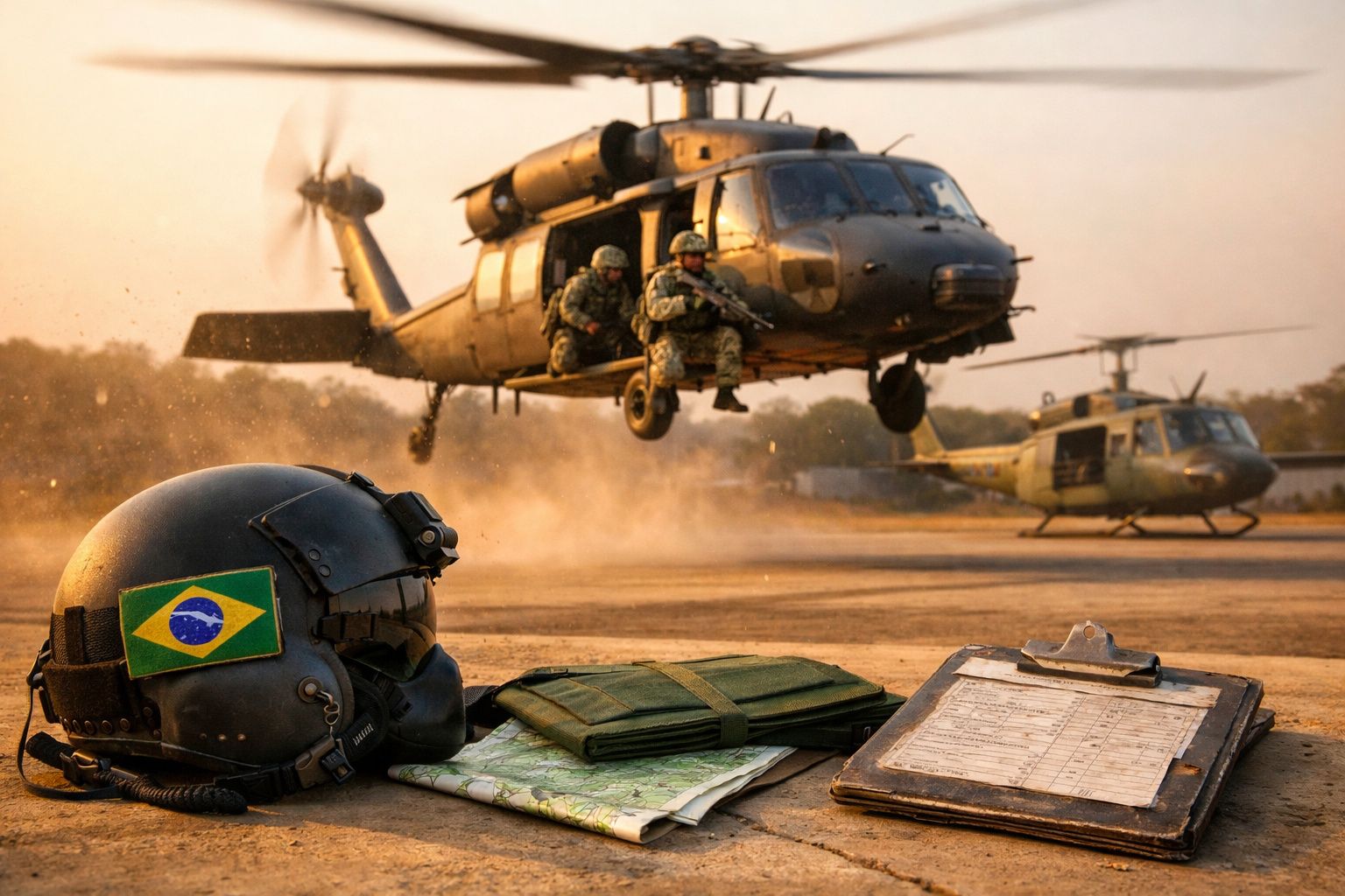 Soldados brasileiros em helicóptero militar a levantar voo ao pôr do sol, com equipamento e mapas no chão.