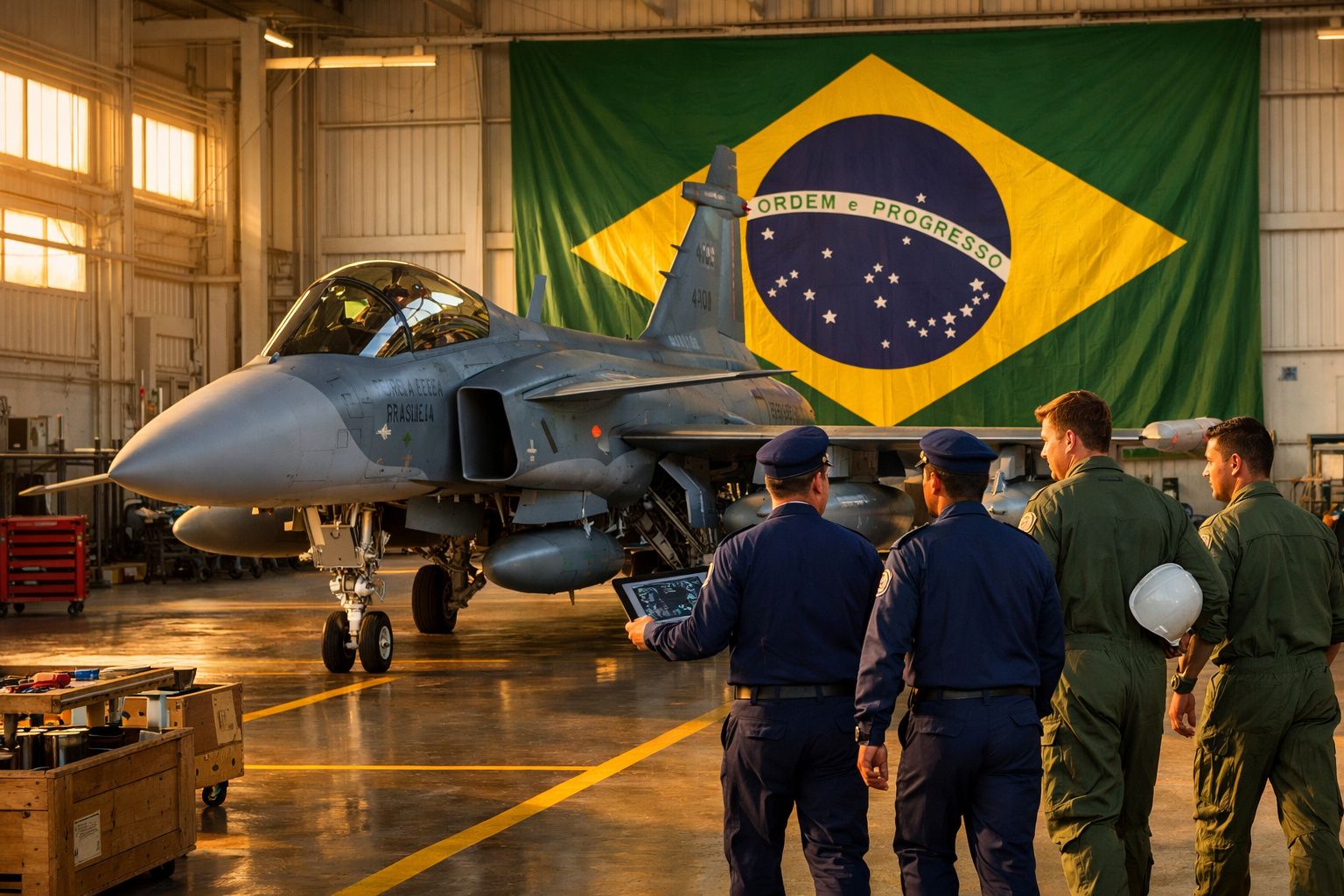 Quatro militares observam um caça Gripen na hangar com bandeira do Brasil ao fundo.