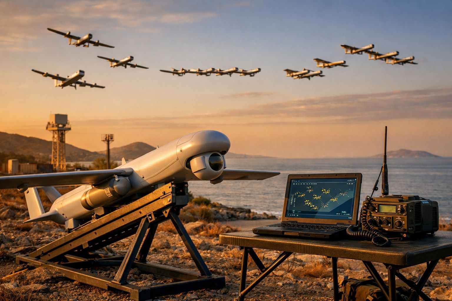 Drones militares no solo junto a computador e rádio, com formação de aviões a voar ao fundo ao pôr do sol.