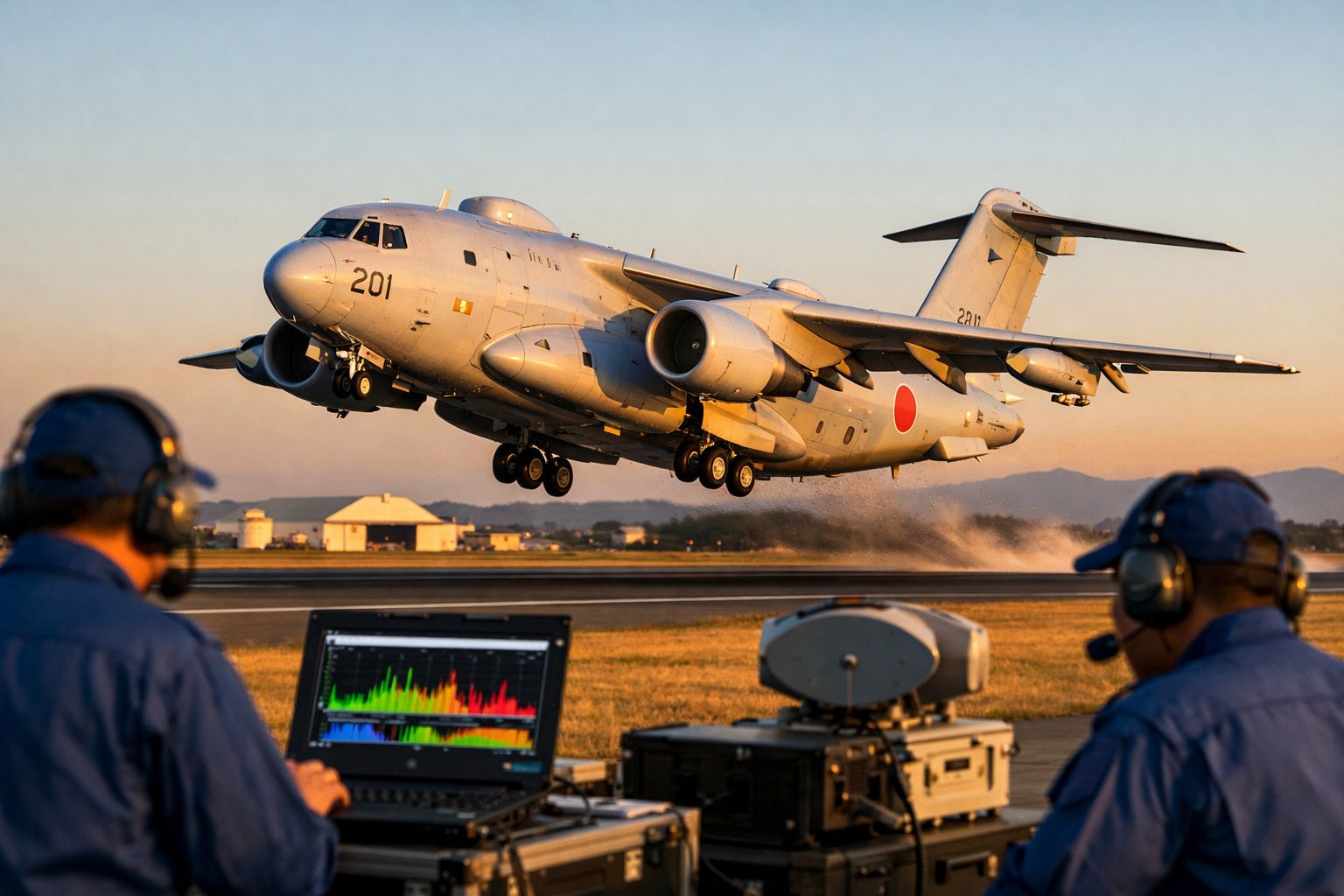 Avião militar a descolar ao pôr do sol com dois técnicos a monitorizar dados num computador perto da pista.