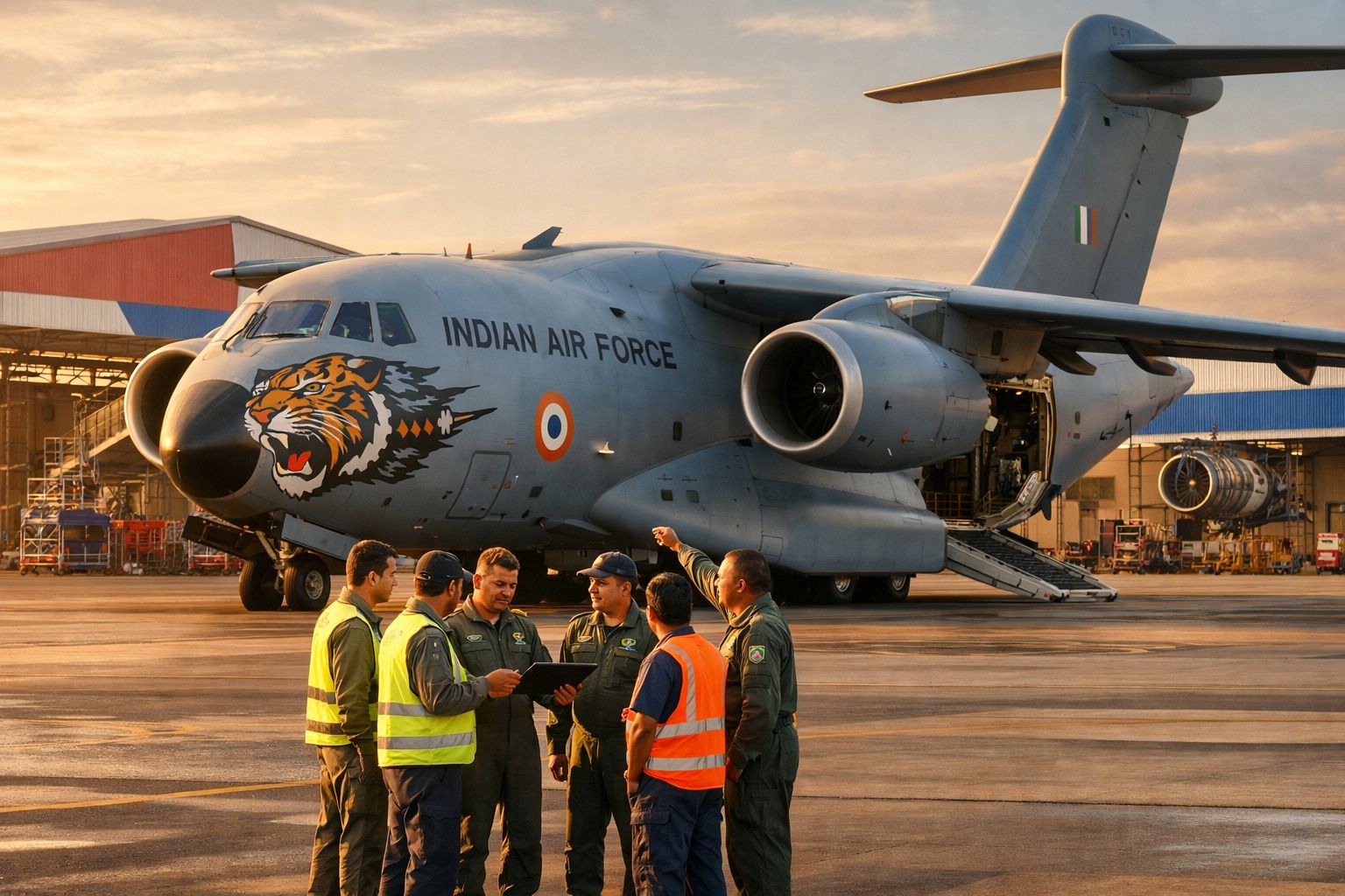Grupo de seis militares e técnicos em conversa junto a um avião da Força Aérea Indiana numa pista ao pôr do sol.
