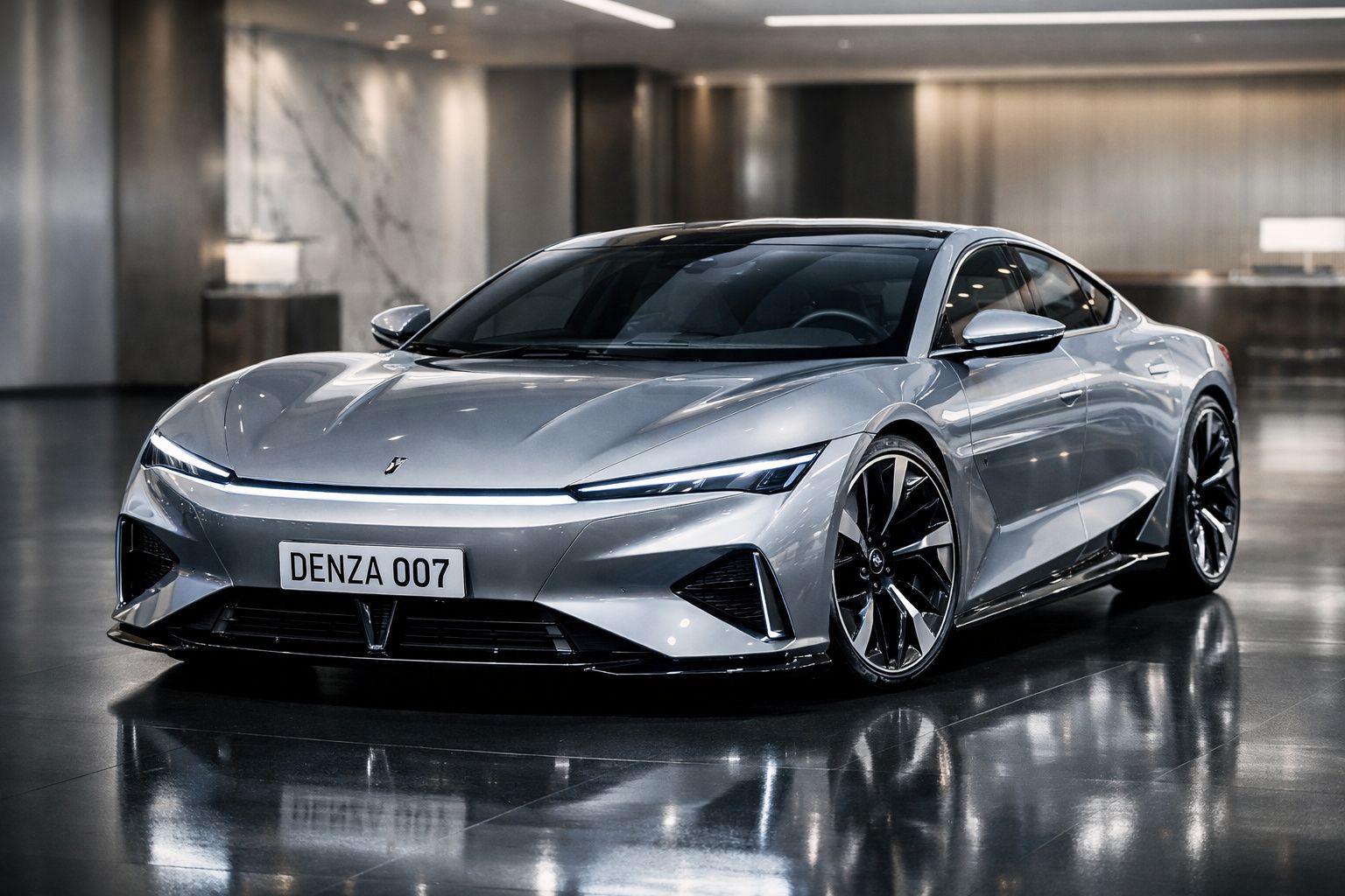Carro desportivo elétrico cinza Denza 007 estacionado num espaço interior moderno com chão reflectivo.