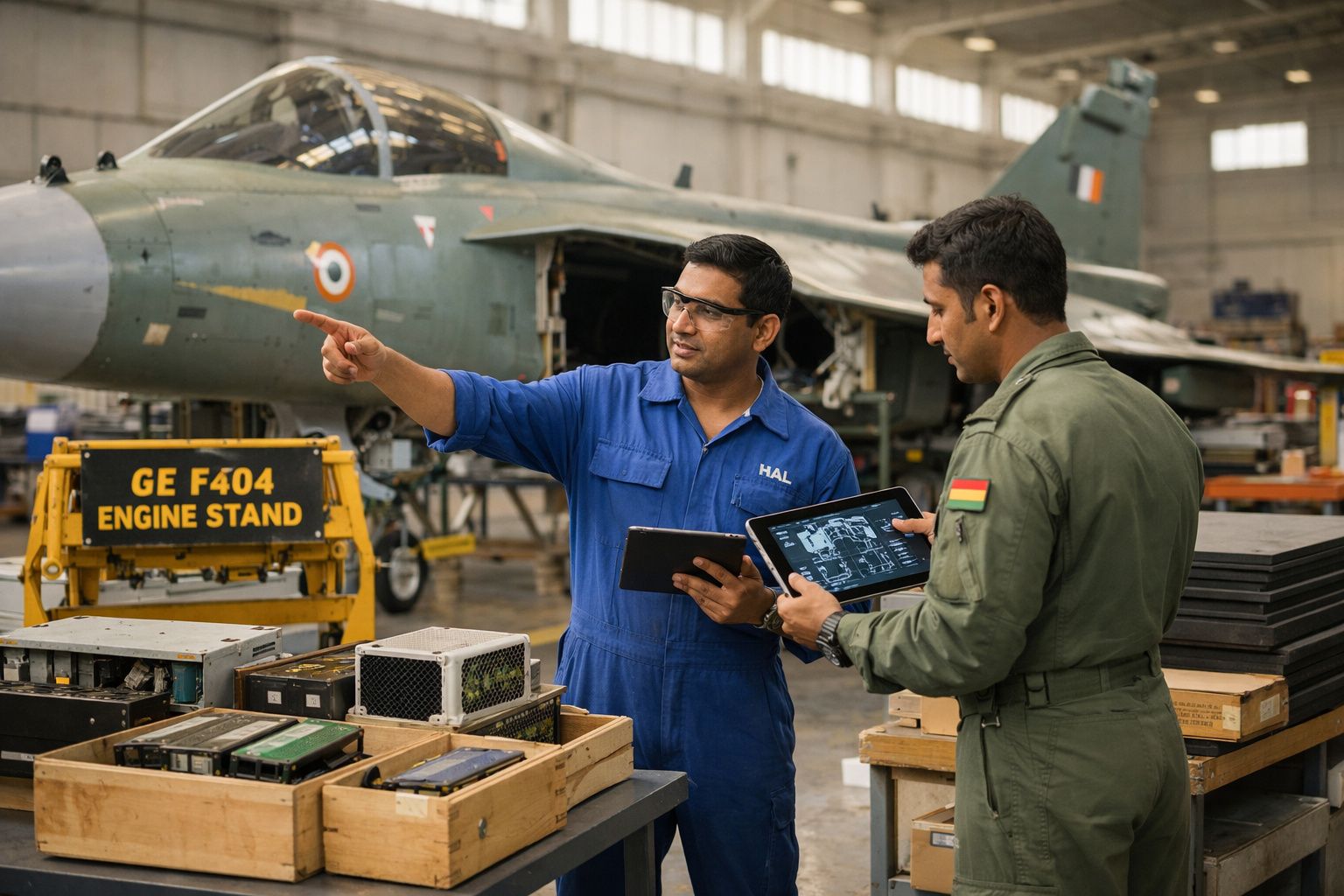 Dois homens discutem planos técnicos em hangar perto de avião militar e peças de motor.