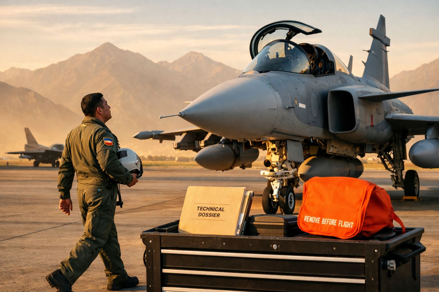 Piloto militar com fato de voo e capacete observa caça estacionado com montanhas ao fundo ao pôr do sol.