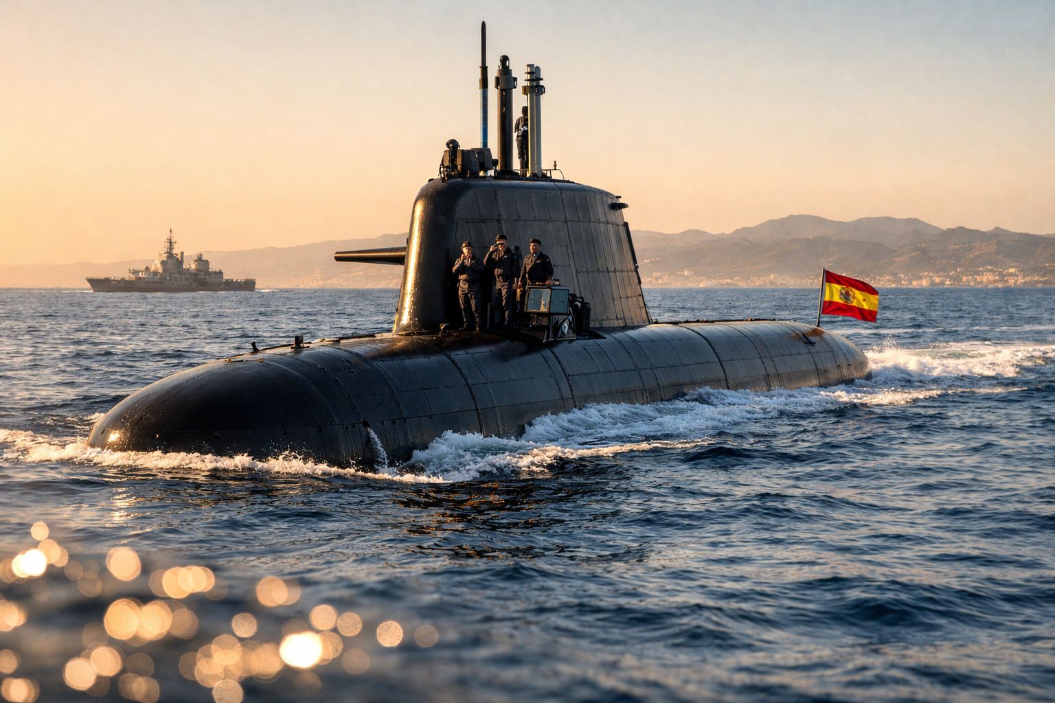 Submarino espanhol na superfície do mar com marinheiros no convés e navio ao fundo, ao pôr do sol.