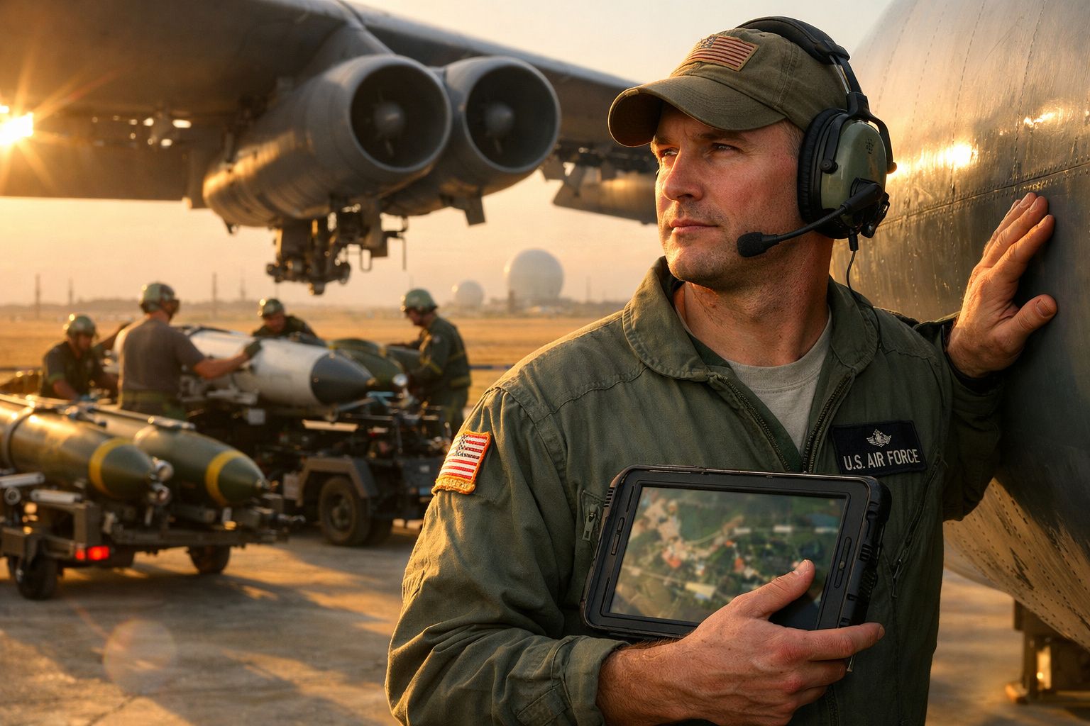 Militar da Força Aérea dos EUA com tablet ao lado de avião, enquanto equipas preparam mísseis ao fundo.