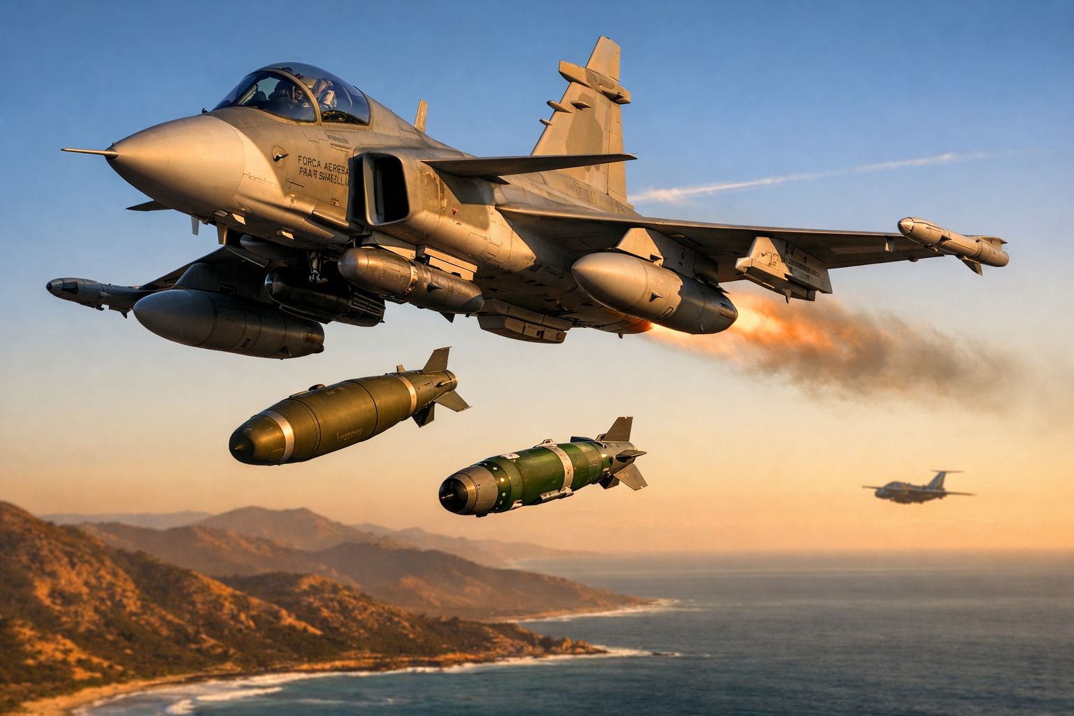 Avião militar em voo a lançar mísseis sobre costa montanhosa ao pôr do sol.