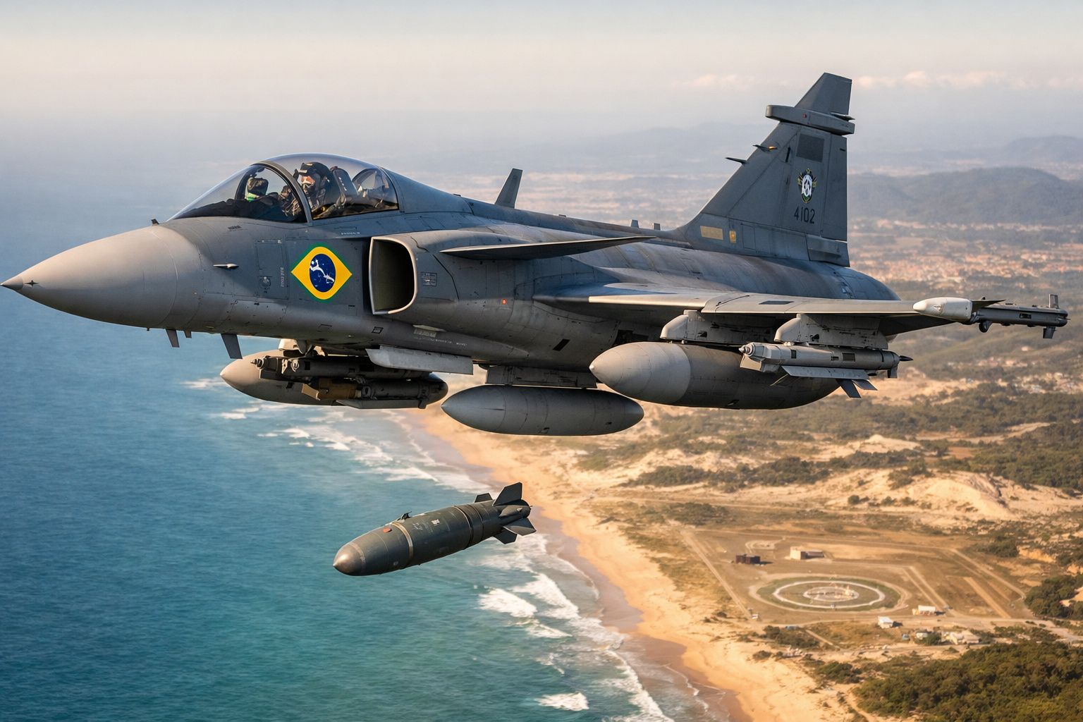 Caça aéreo brasileiro a lançar bomba sobre a costa com mar e terra ao fundo.