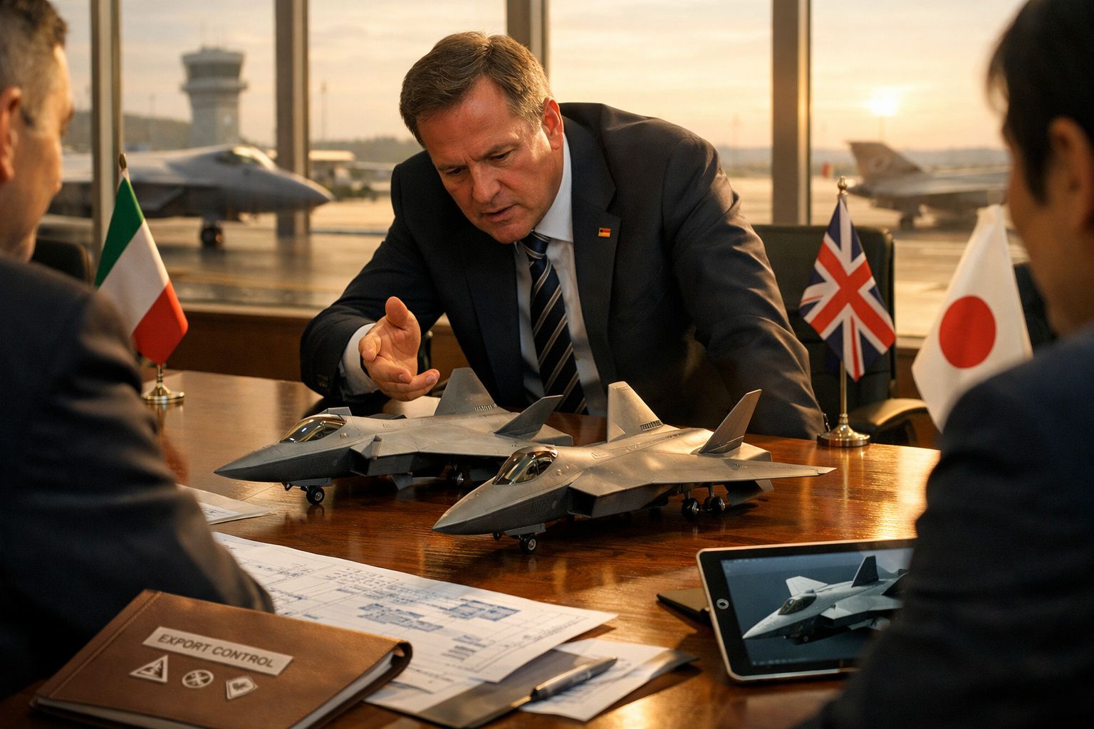 Homem de fato discute maquetes de aviões militares em escritório com bandeiras de Itália, Reino Unido e Japão.