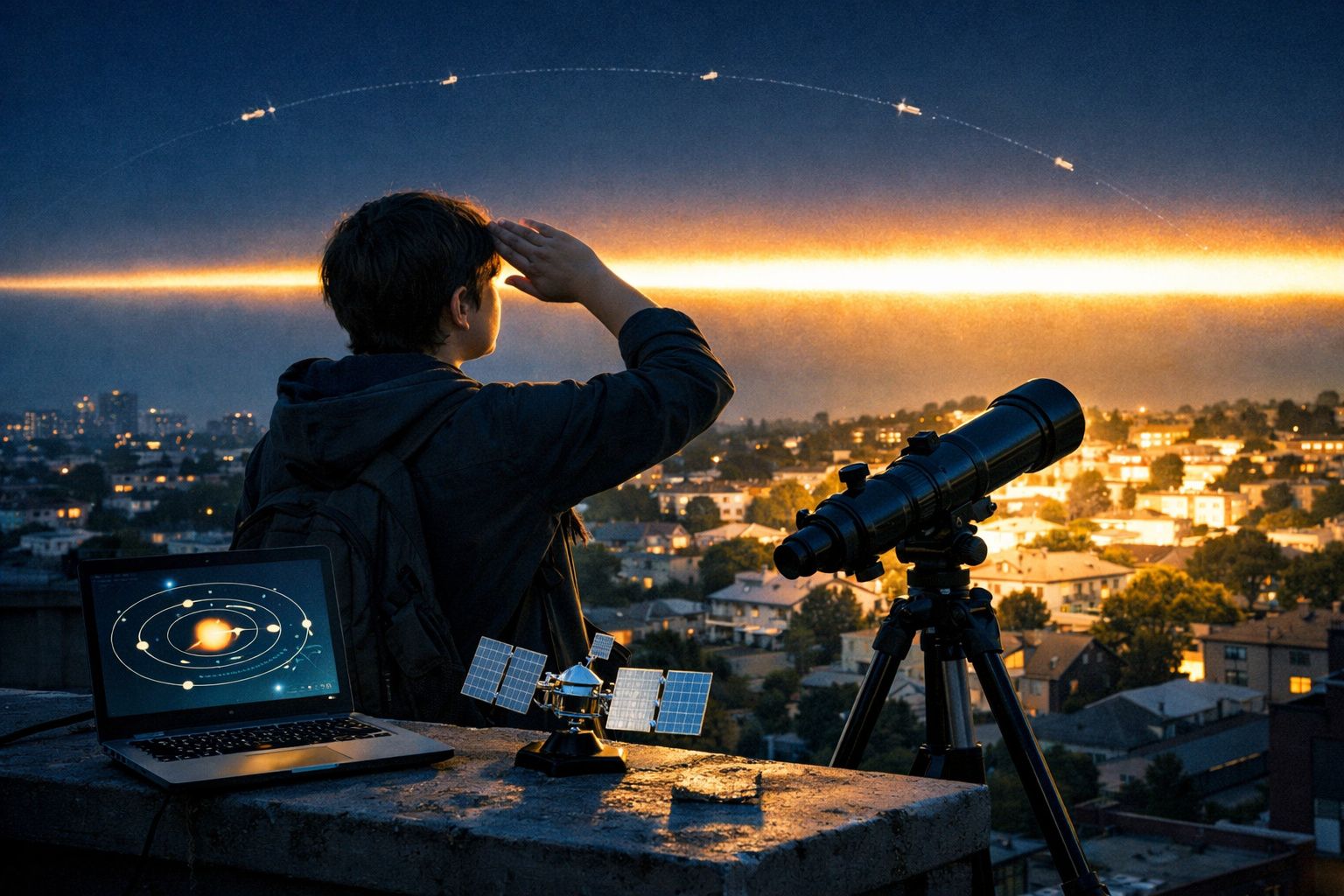 Jovem observa céu noturno com telescópio, computador mostra sistema solar e modelo de satélite na varanda da cidade.