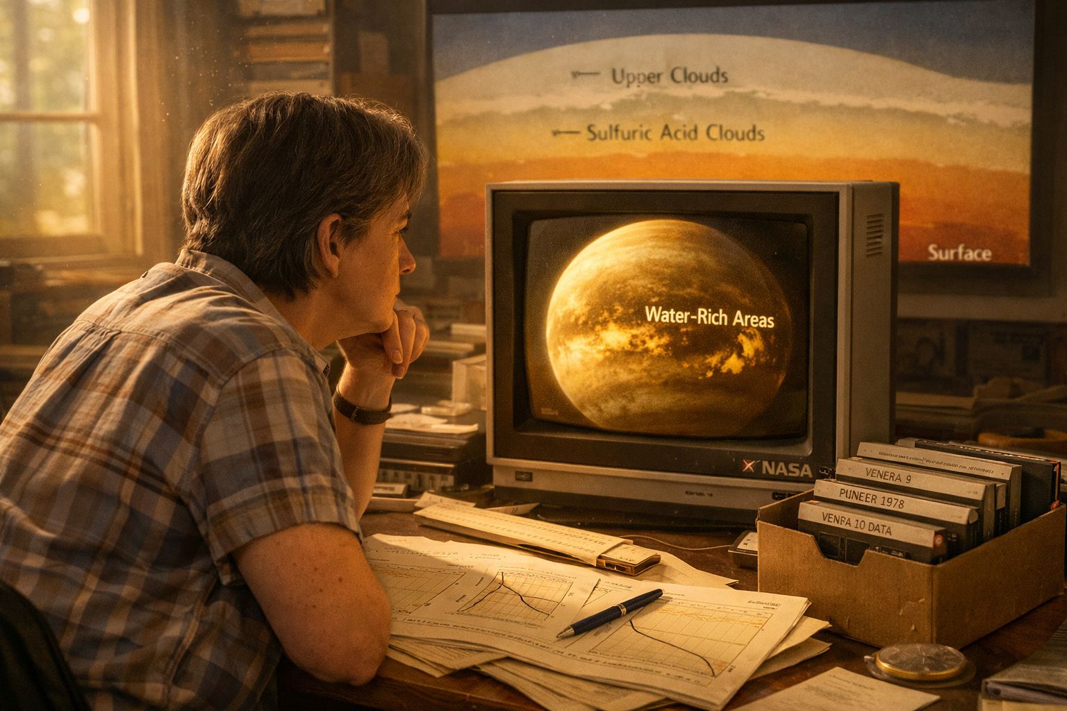 Homem observa imagem do planeta Vénus com indicação de zonas ricas em água num ecrã antigo da NASA.