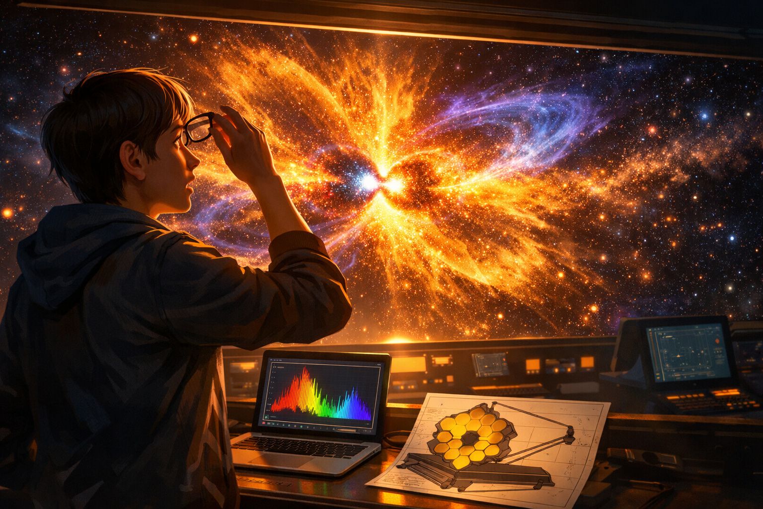Pessoa a observar uma explosão estelar colorida através de uma janela com mapas e gráficos científicos à frente.